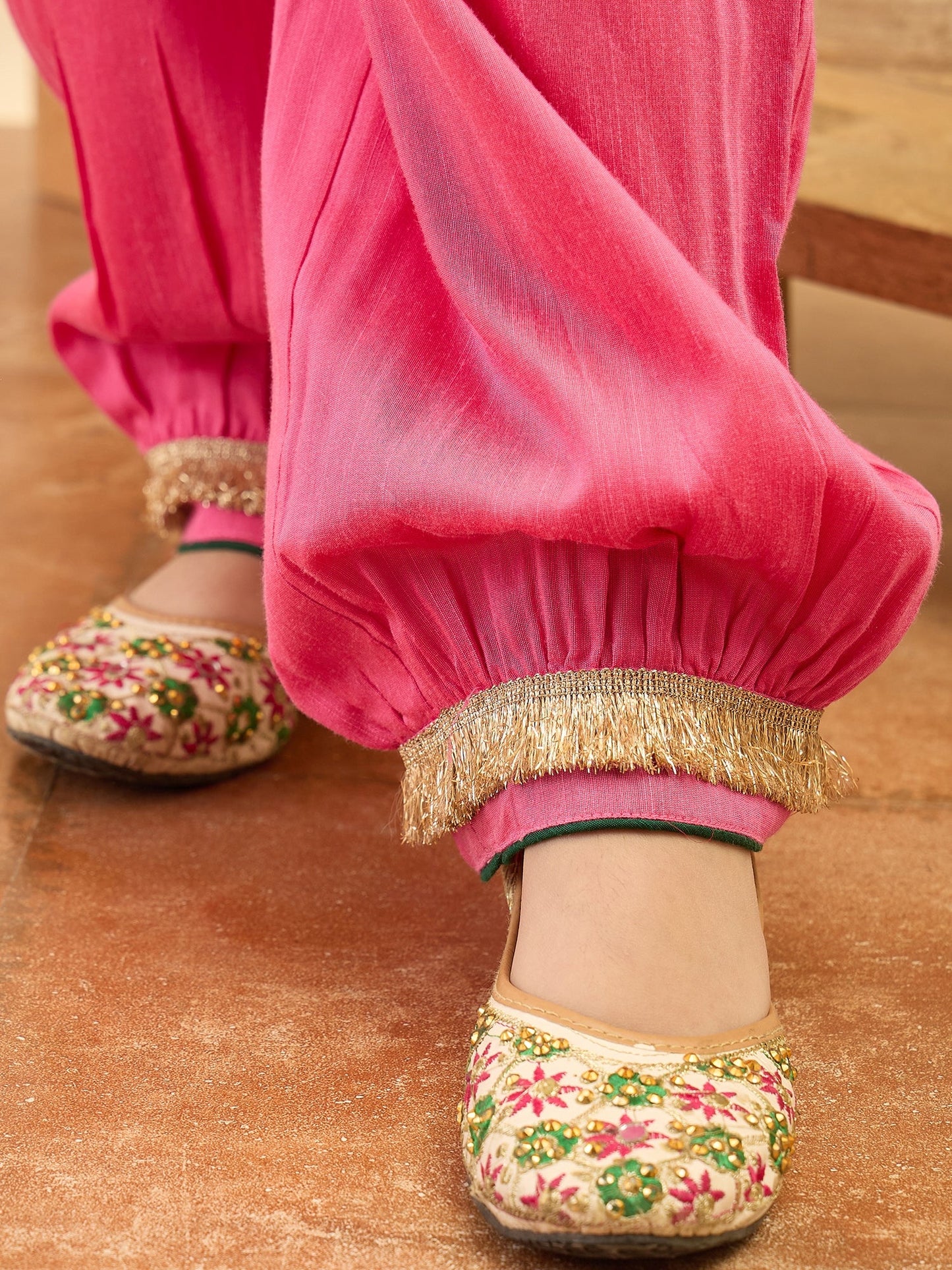 Girls Mid Thigh Embroidery Kurti Set - Magenta