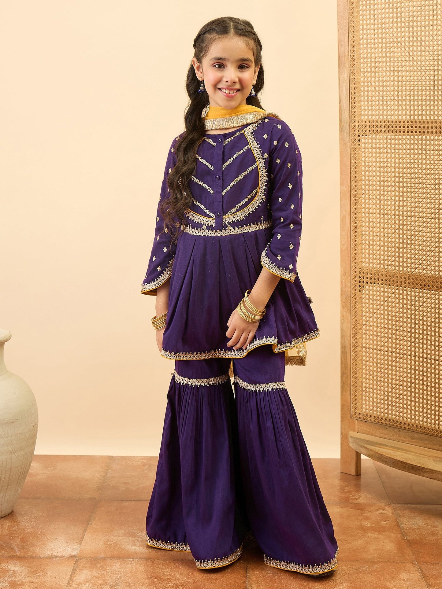 Girls Above Knee Embroidery Kurti Set - Purple