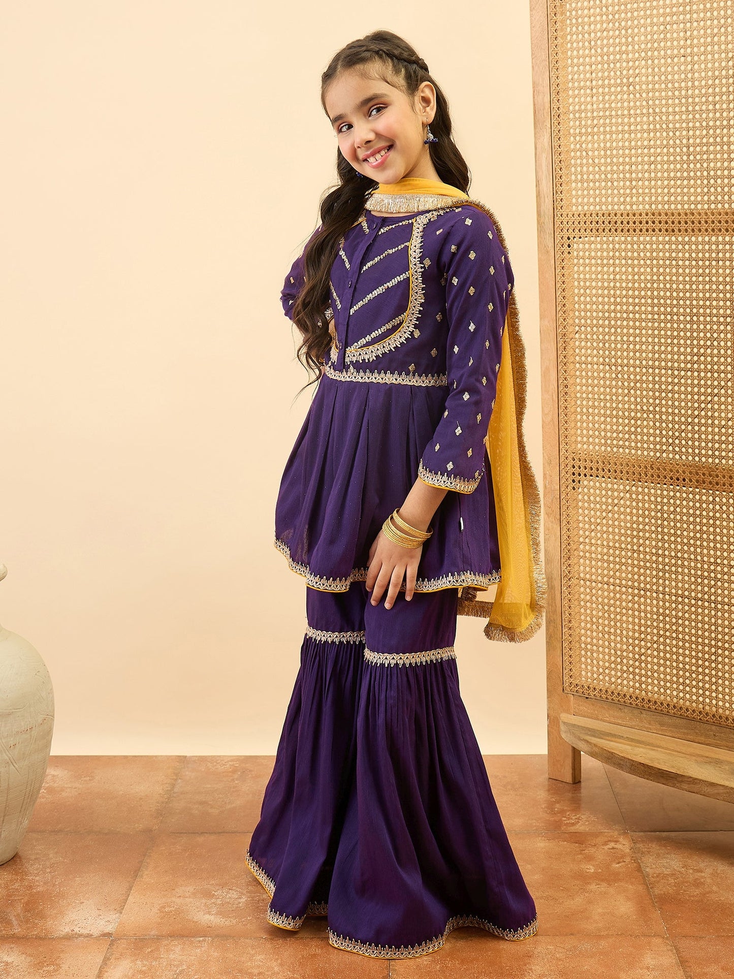 Girls Above Knee Embroidery Kurti Set - Purple
