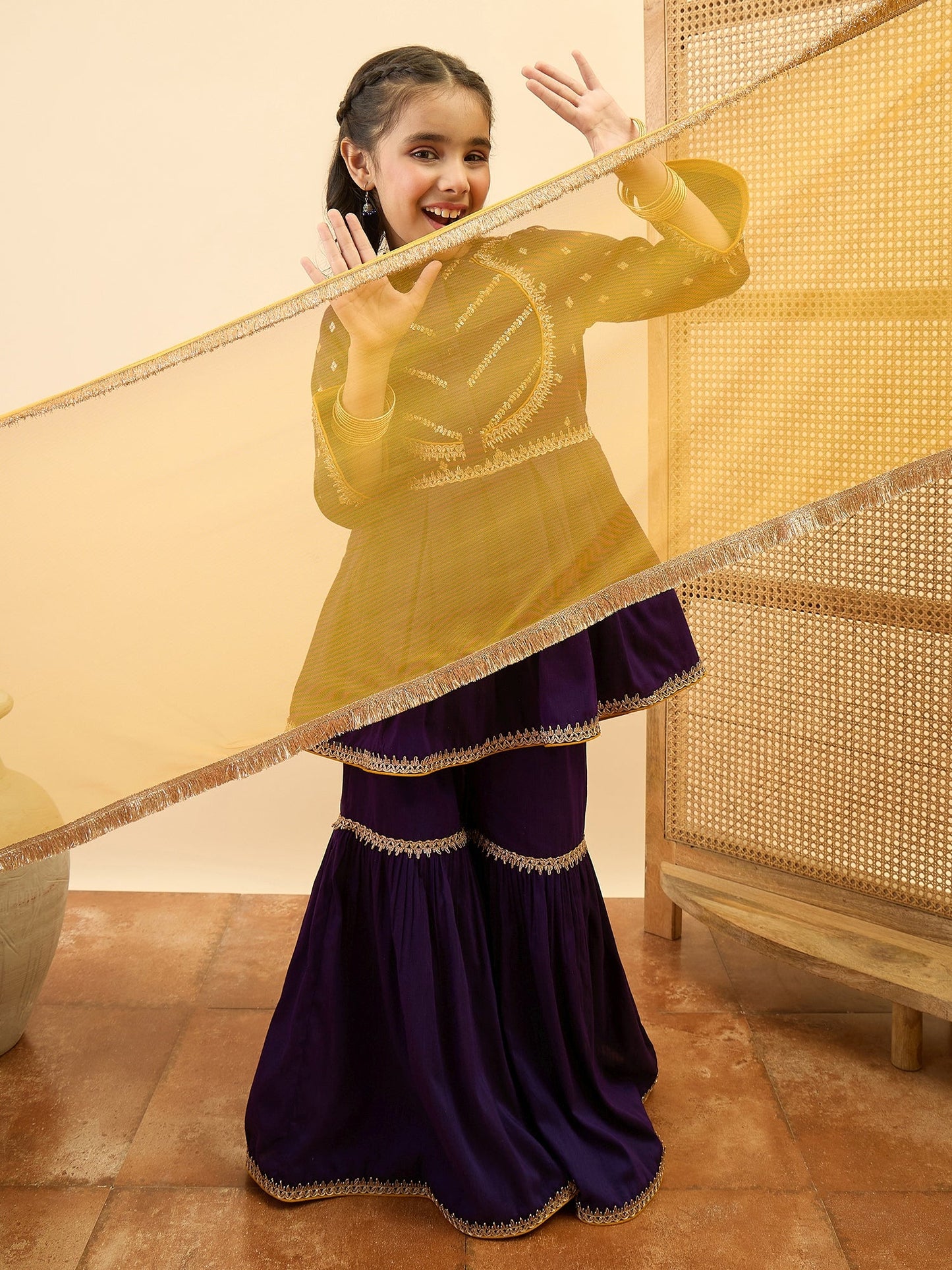 Girls Above Knee Embroidery Kurti Set - Purple