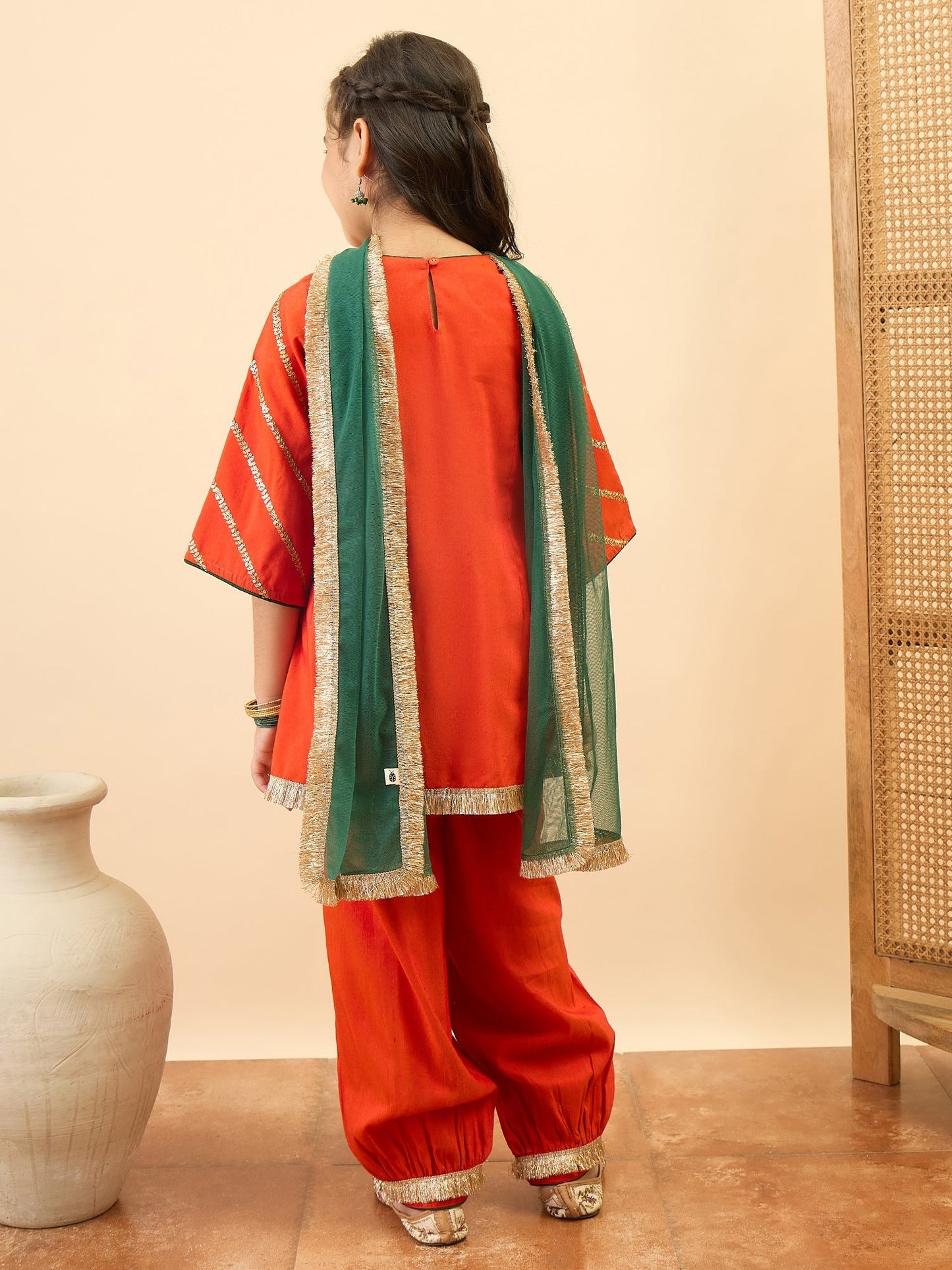 Girls Mid Thigh Embroidery Kurti Set - Orange