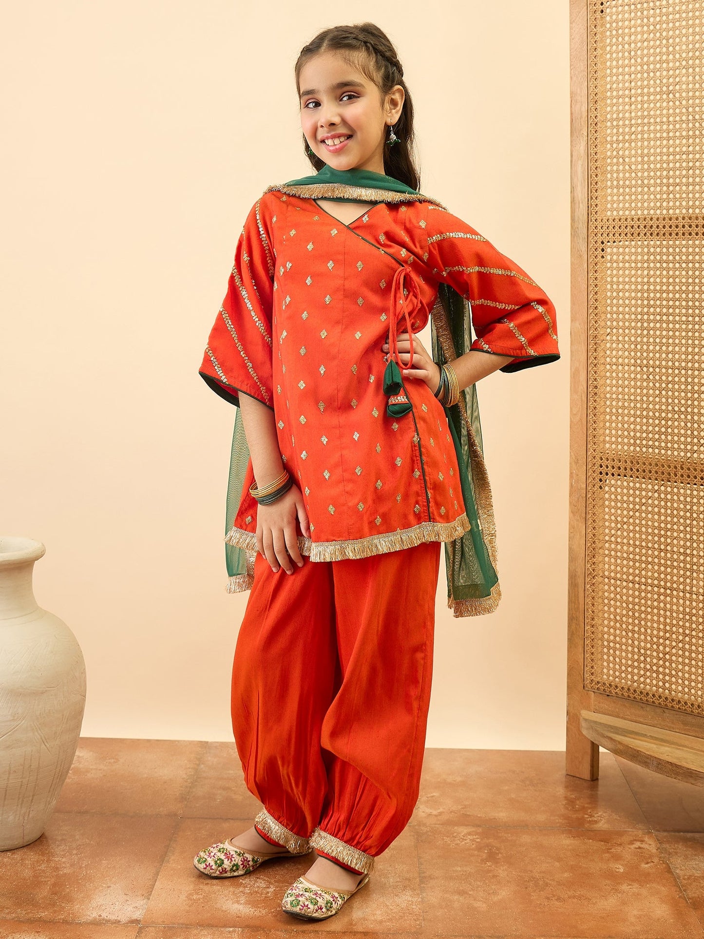 Girls Mid Thigh Embroidery Kurti Set - Orange