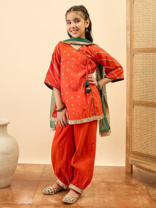 Girls Mid Thigh Embroidery Kurti Set - Orange