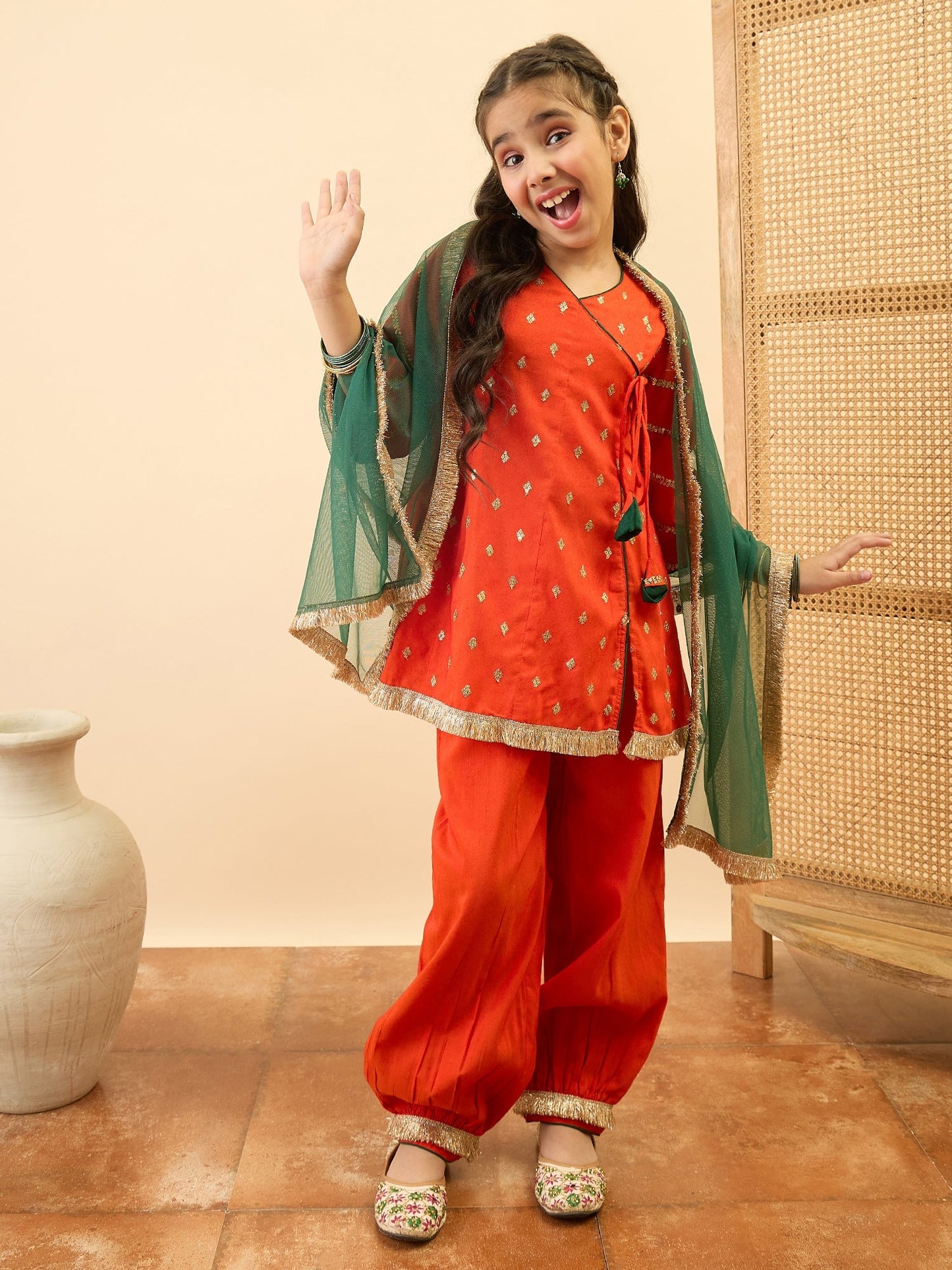 Girls Mid Thigh Embroidery Kurti Set - Orange