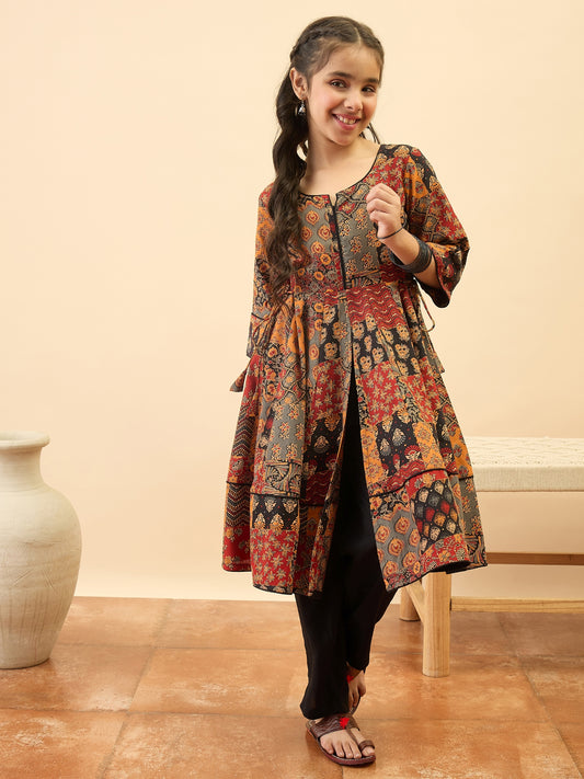 Girls Below Knee All over Print Kurti Set - Multi