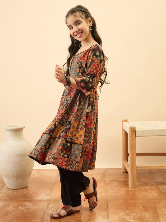 Girls Below Knee All over Print Kurti Set - Multi