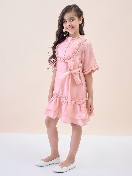 Girls Knee Length Solid Dress - Peach