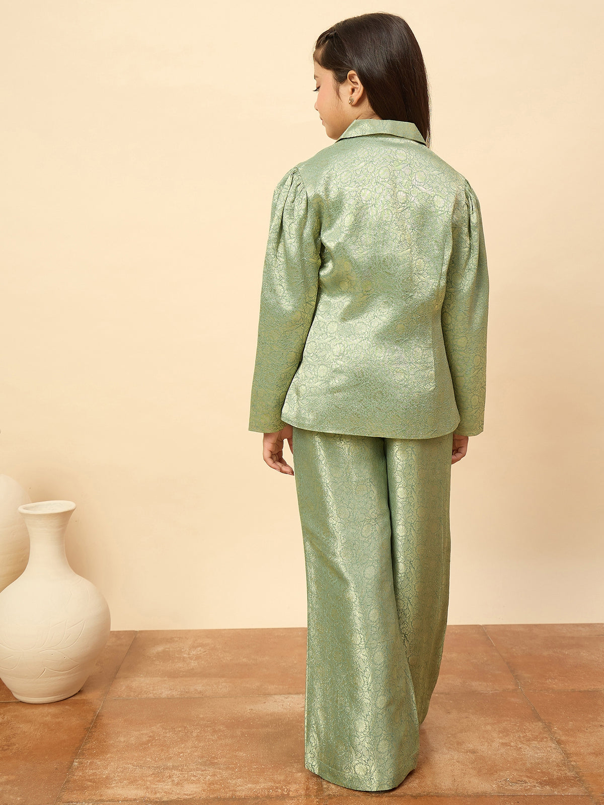 Girls Hip Length Embroidery Top With Pants - Green