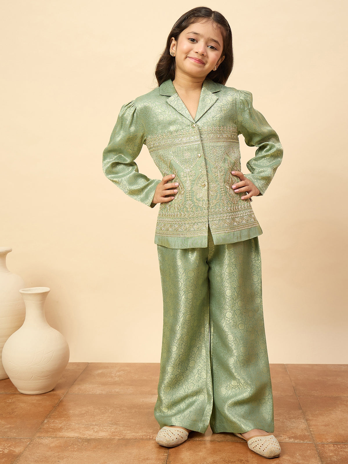 Girls Hip Length Embroidery Top With Pants - Green