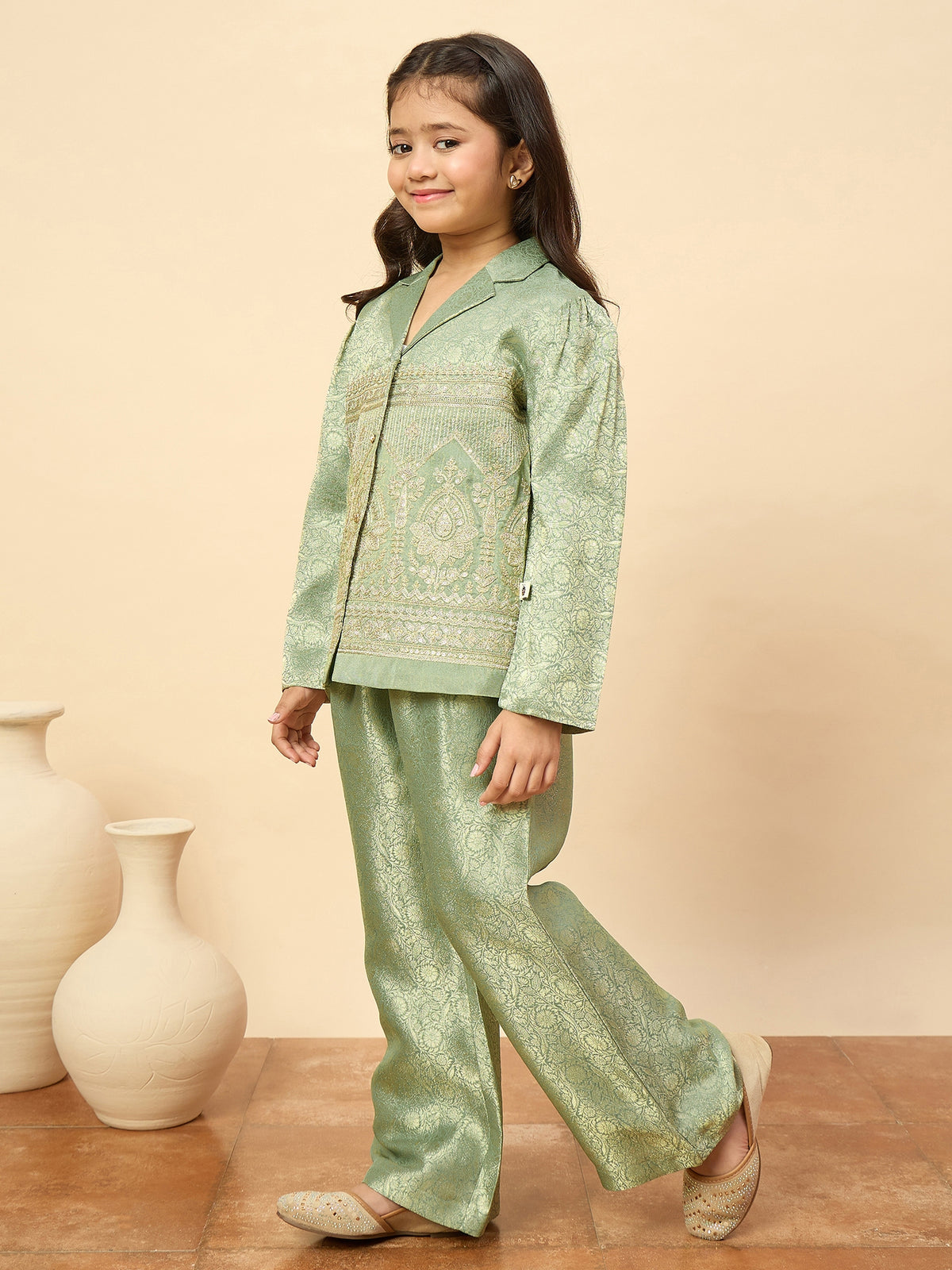 Girls Hip Length Embroidery Top With Pants - Green