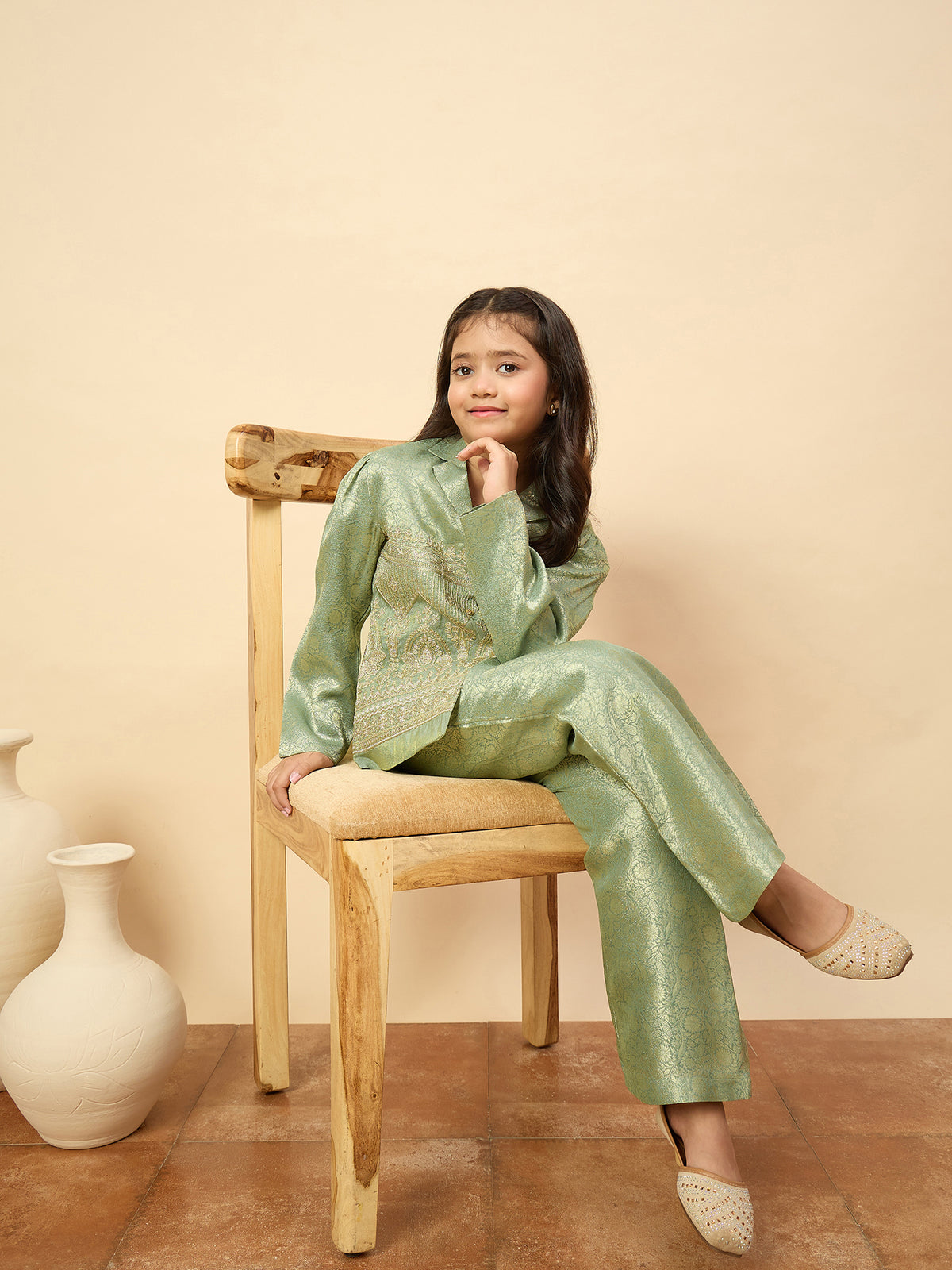 Girls Hip Length Embroidery Top With Pants - Green