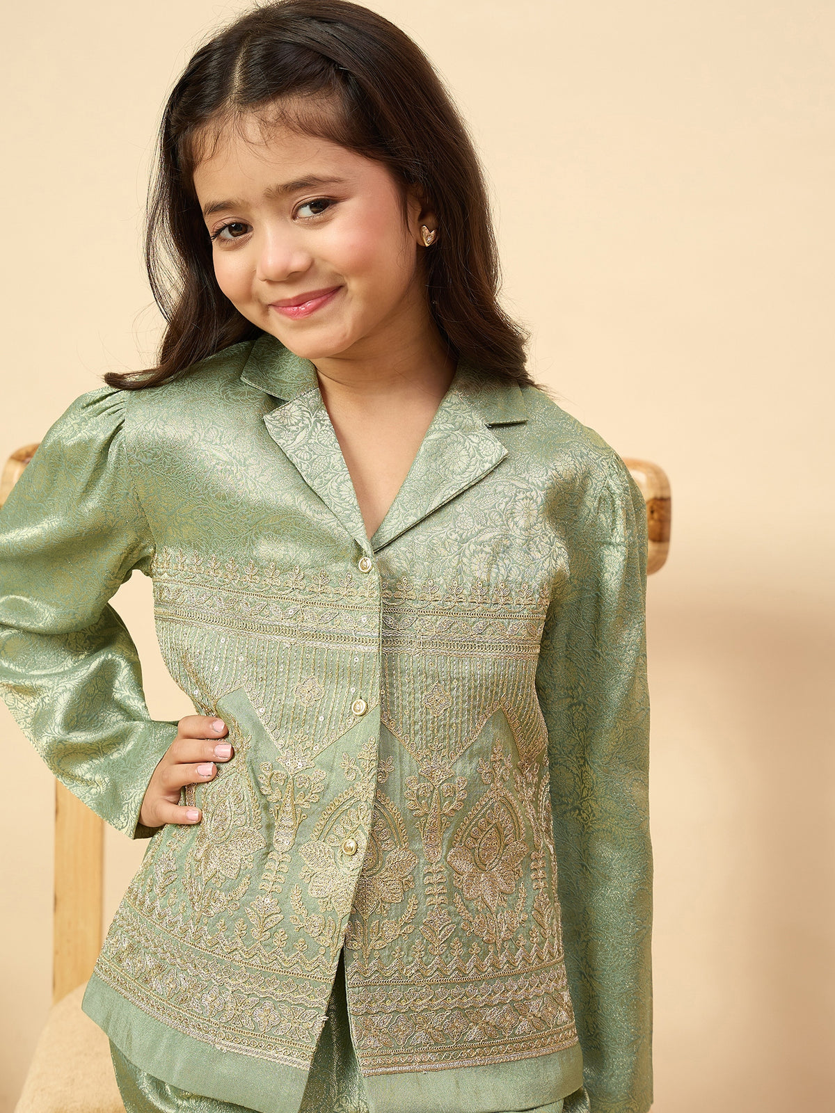 Girls Hip Length Embroidery Top With Pants - Green