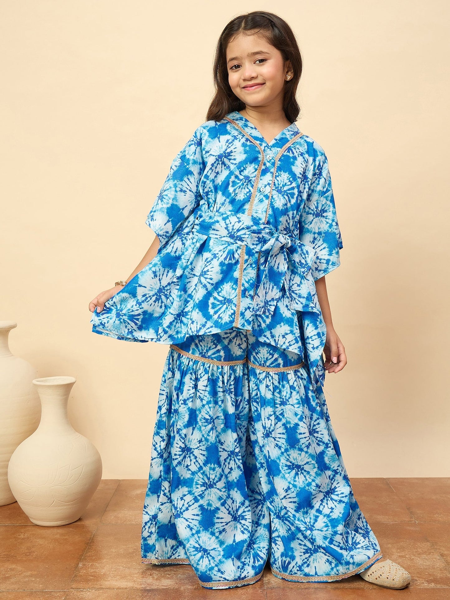 Girls Mid Thigh All over Print Kurti Set - Blue