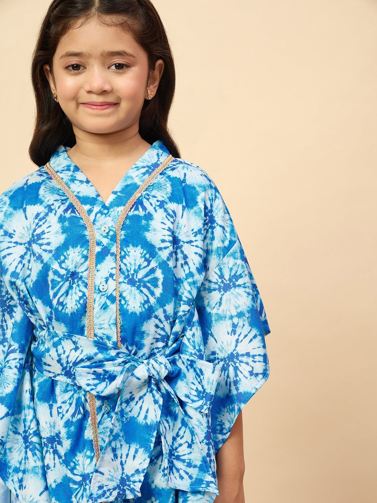 Girls Mid Thigh All over Print Kurti Set - Blue
