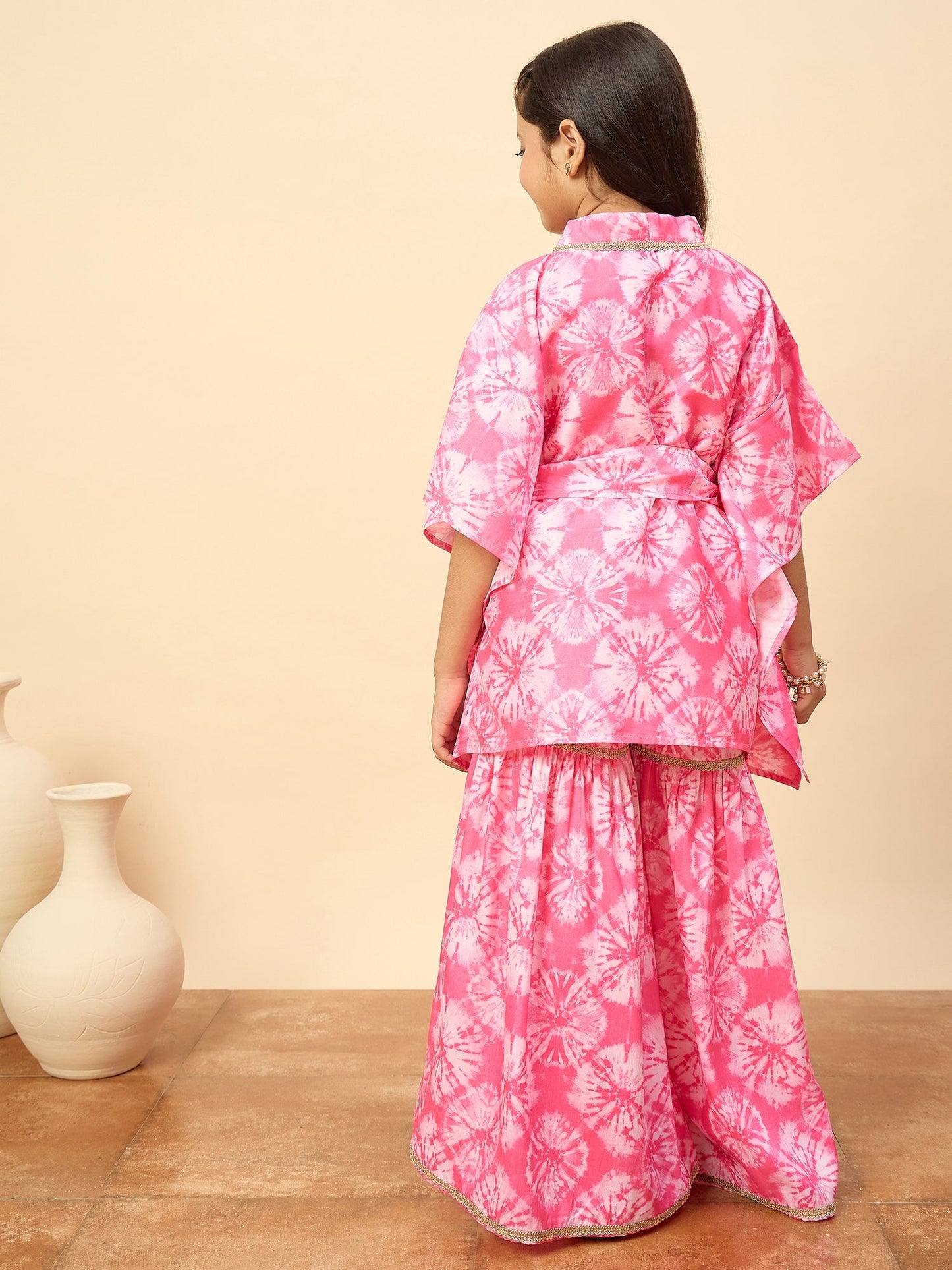 Girls Mid Thigh All over Print Kurti Set - Pink