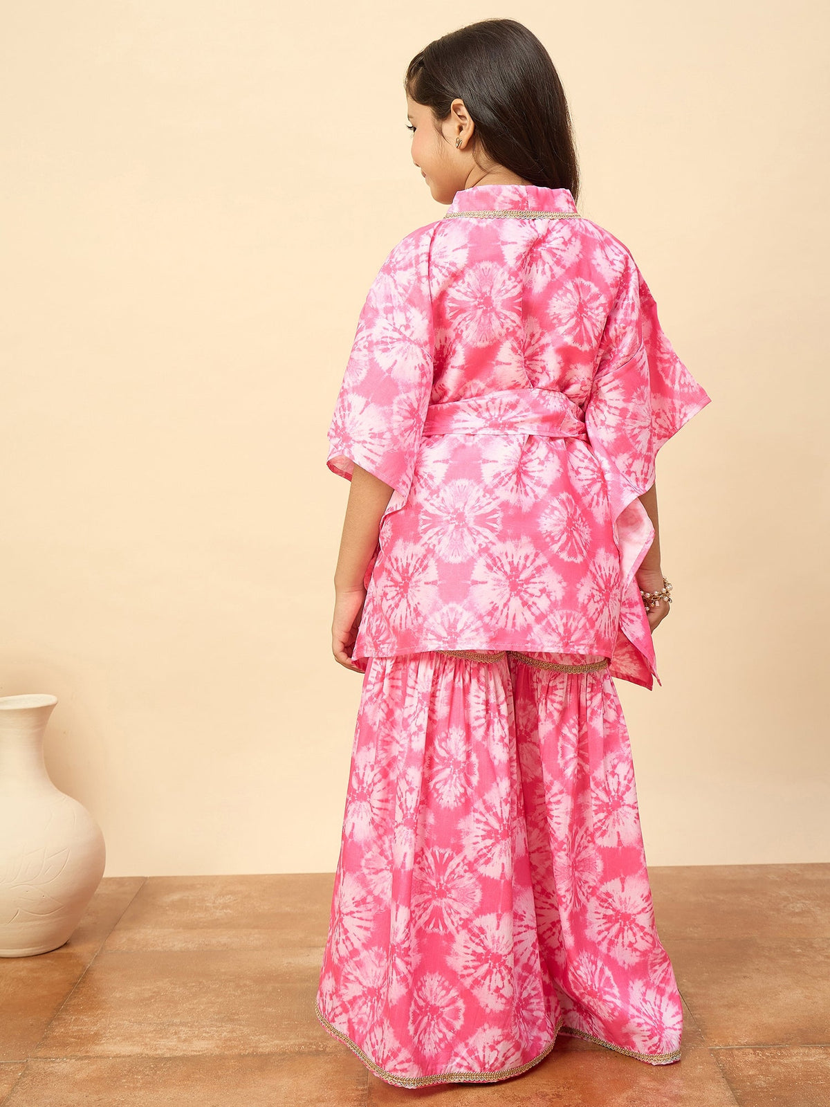 Girls Mid Thigh All over Print Kurti Set - Pink