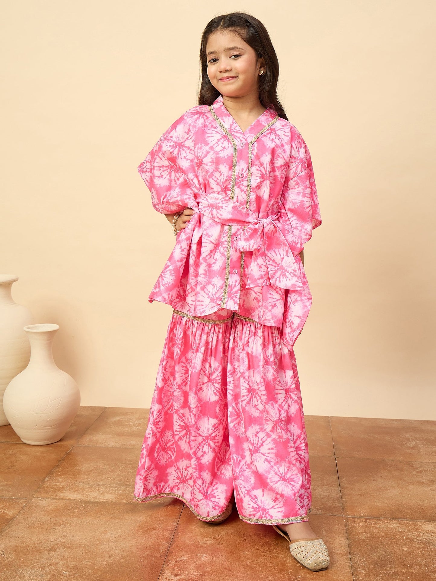 Girls Mid Thigh All over Print Kurti Set - Pink