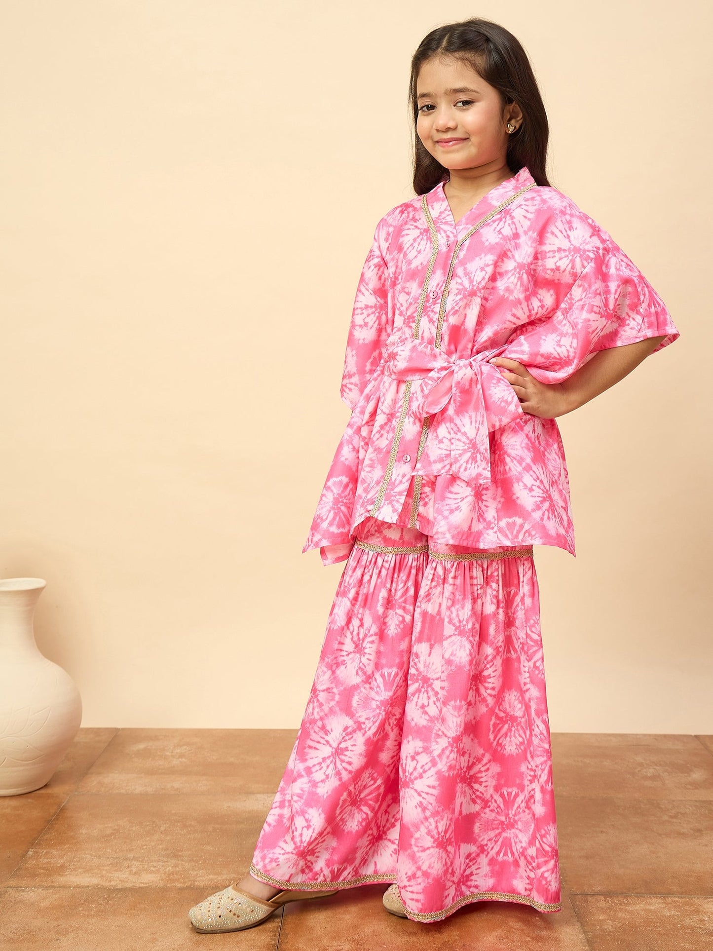 Girls Mid Thigh All over Print Kurti Set - Pink