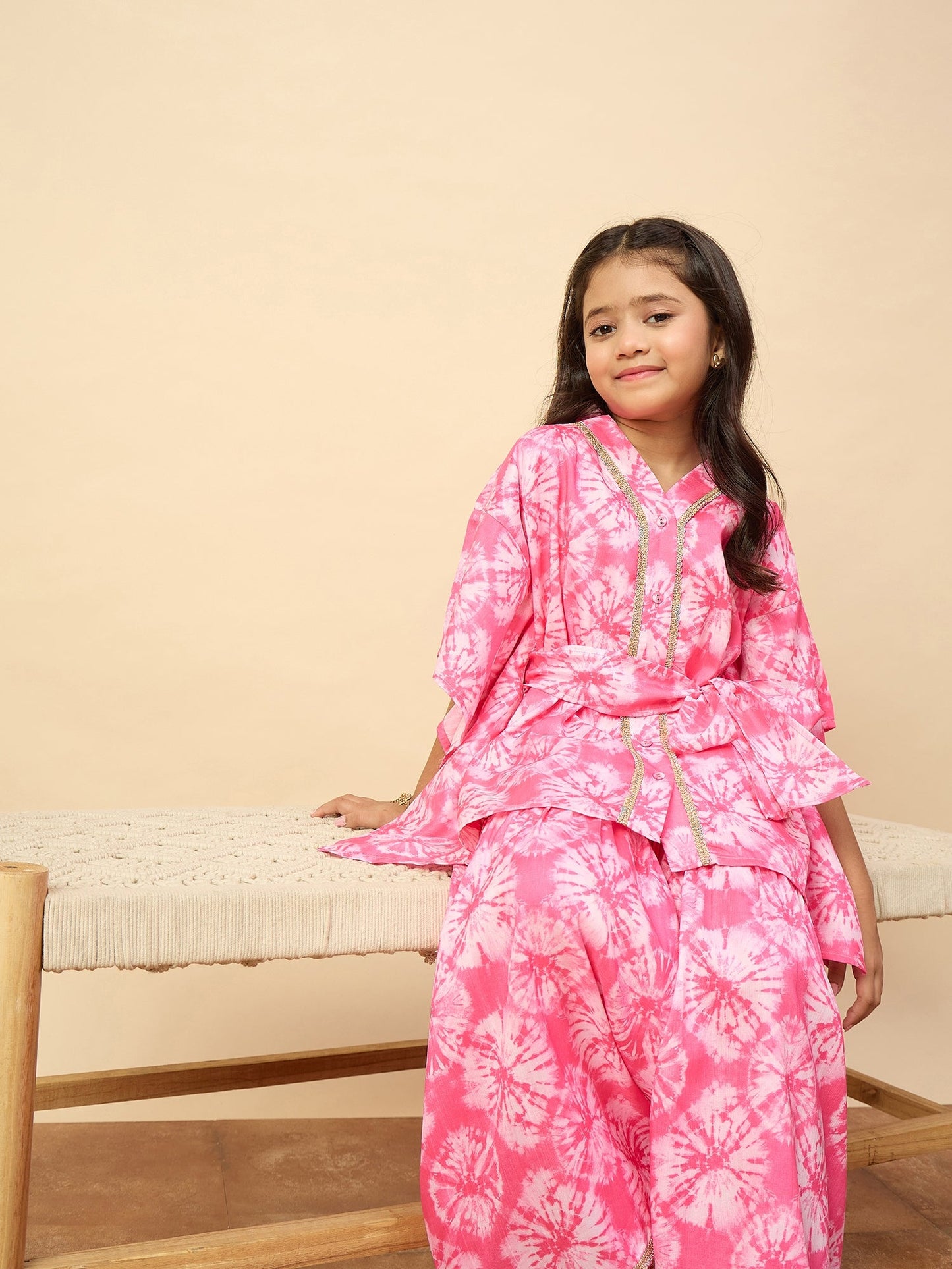 Girls Mid Thigh All over Print Kurti Set - Pink
