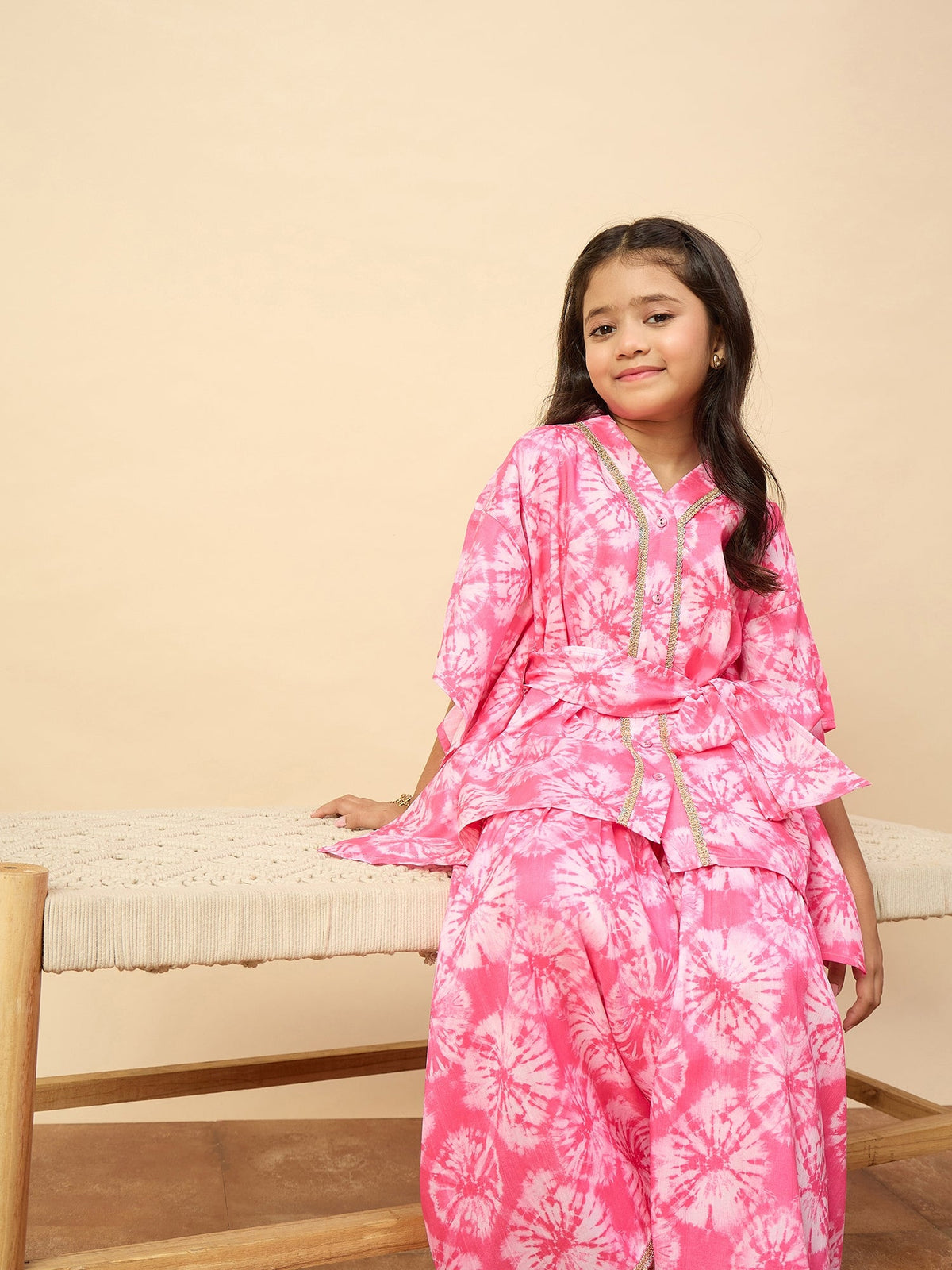Girls Mid Thigh All over Print Kurti Set - Pink