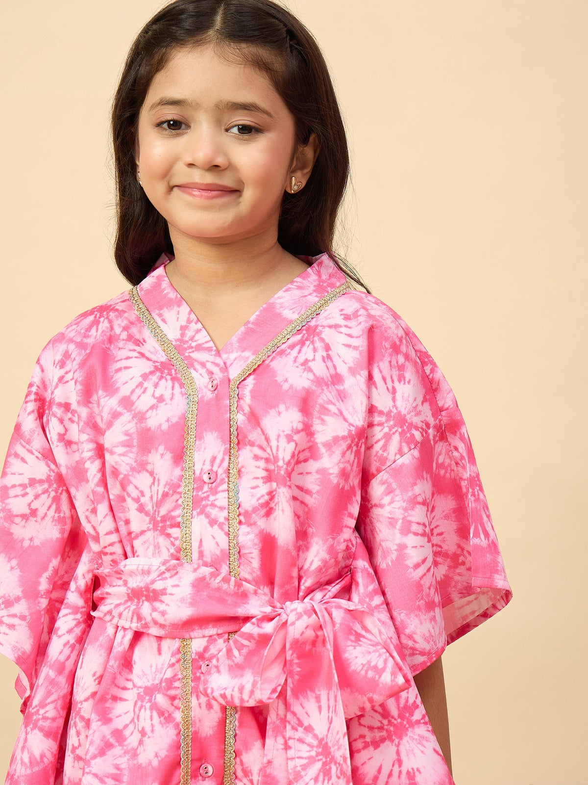 Girls Mid Thigh All over Print Kurti Set - Pink