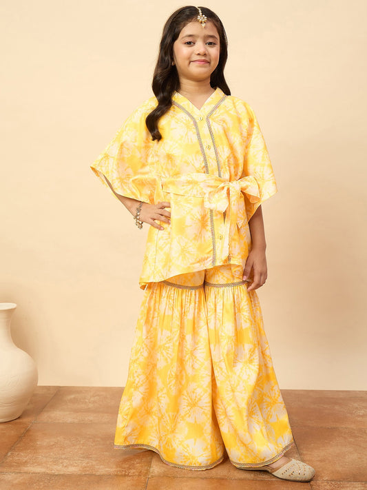 Girls Mid Thigh All over Print Kurti Set - Yellow