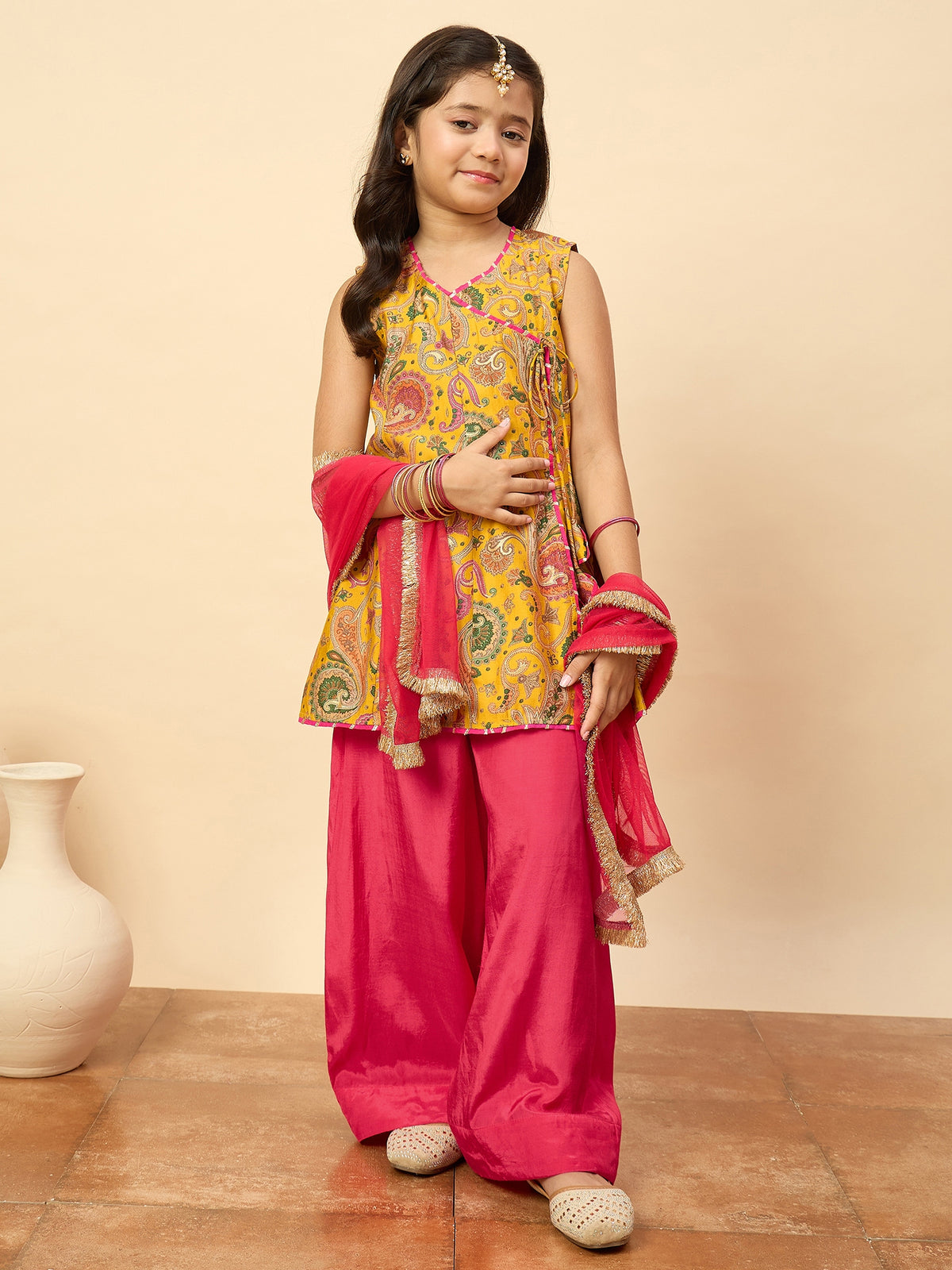Girls Above Knee All over Print Kurti Set - Yellow