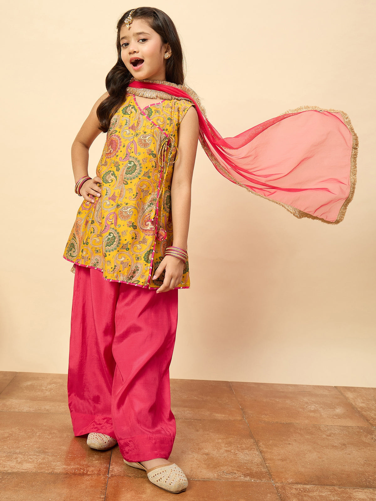 Girls Above Knee All over Print Kurti Set - Yellow