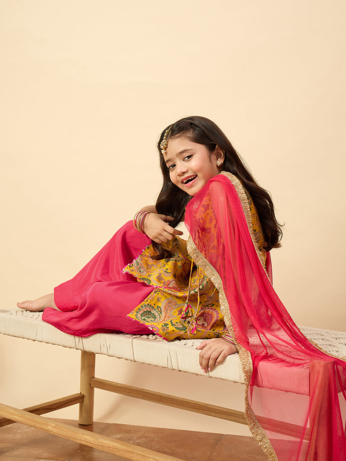 Girls Above Knee All over Print Kurti Set - Yellow