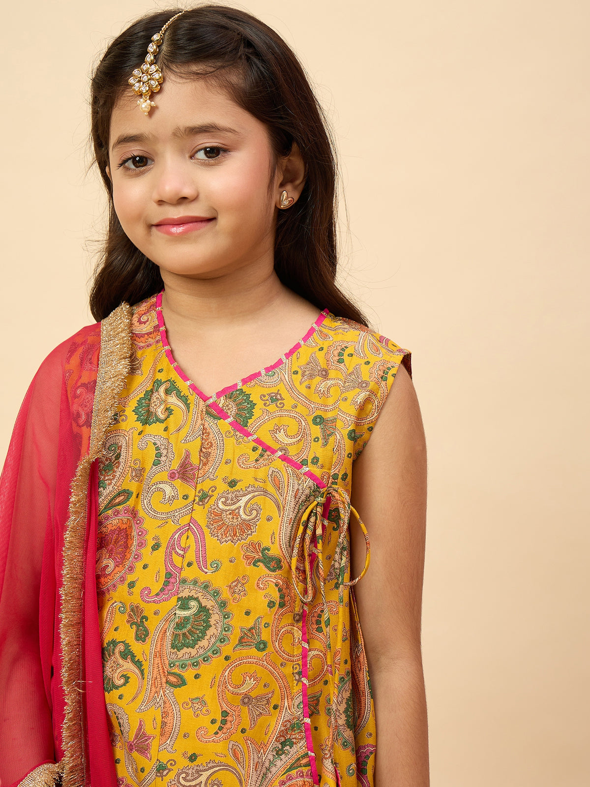 Girls Above Knee All over Print Kurti Set - Yellow