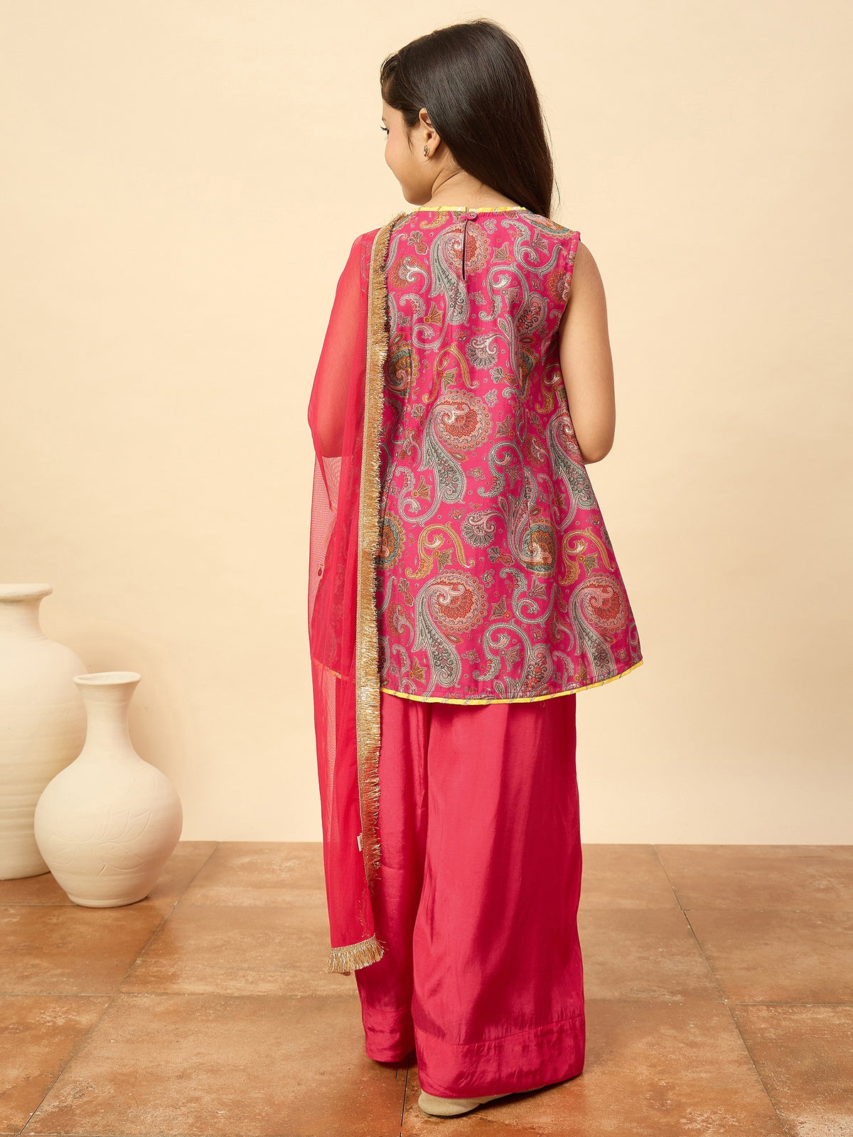 Girls Above Knee Printed Kurti Set - Magenta