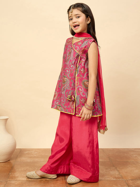 Girls Above Knee Printed Kurti Set - Magenta