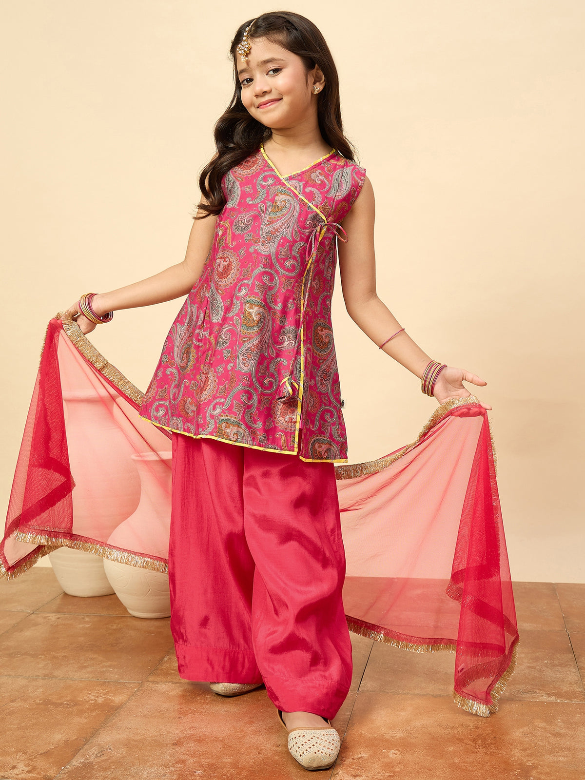 Girls Above Knee Printed Kurti Set - Magenta