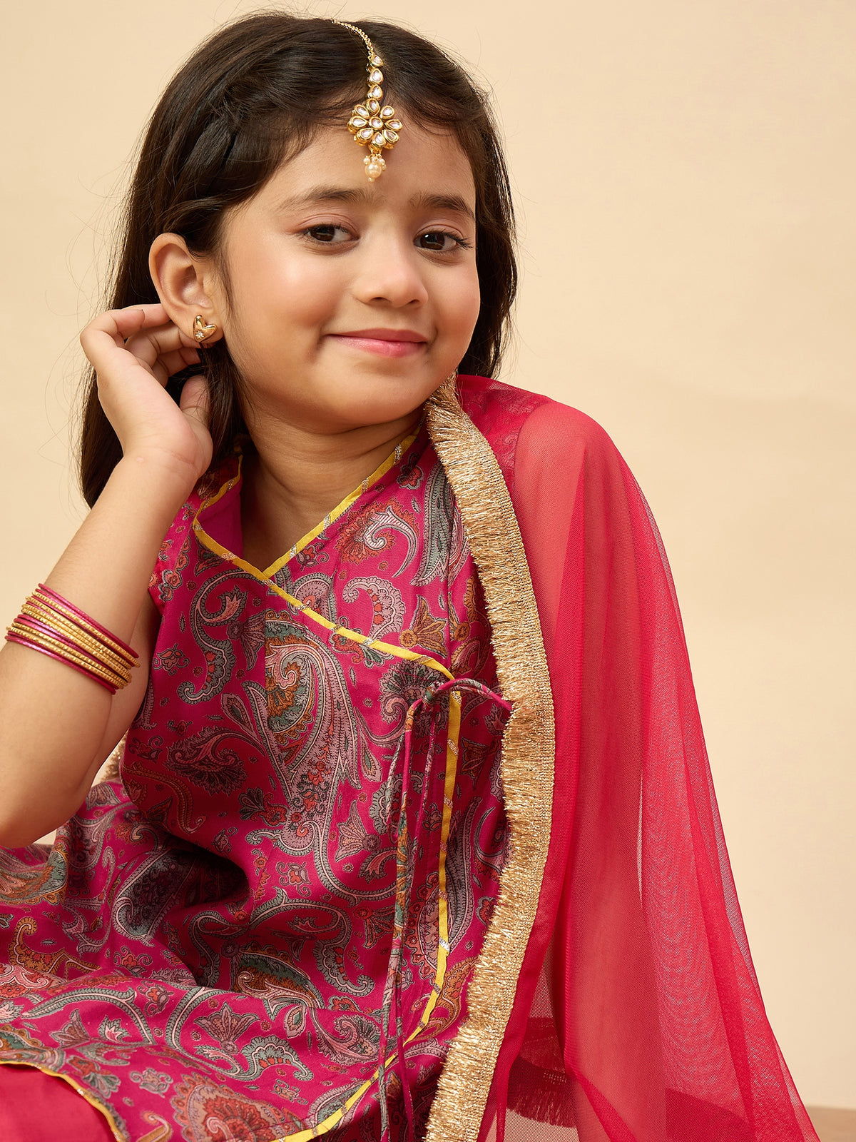 Girls Above Knee Printed Kurti Set - Magenta