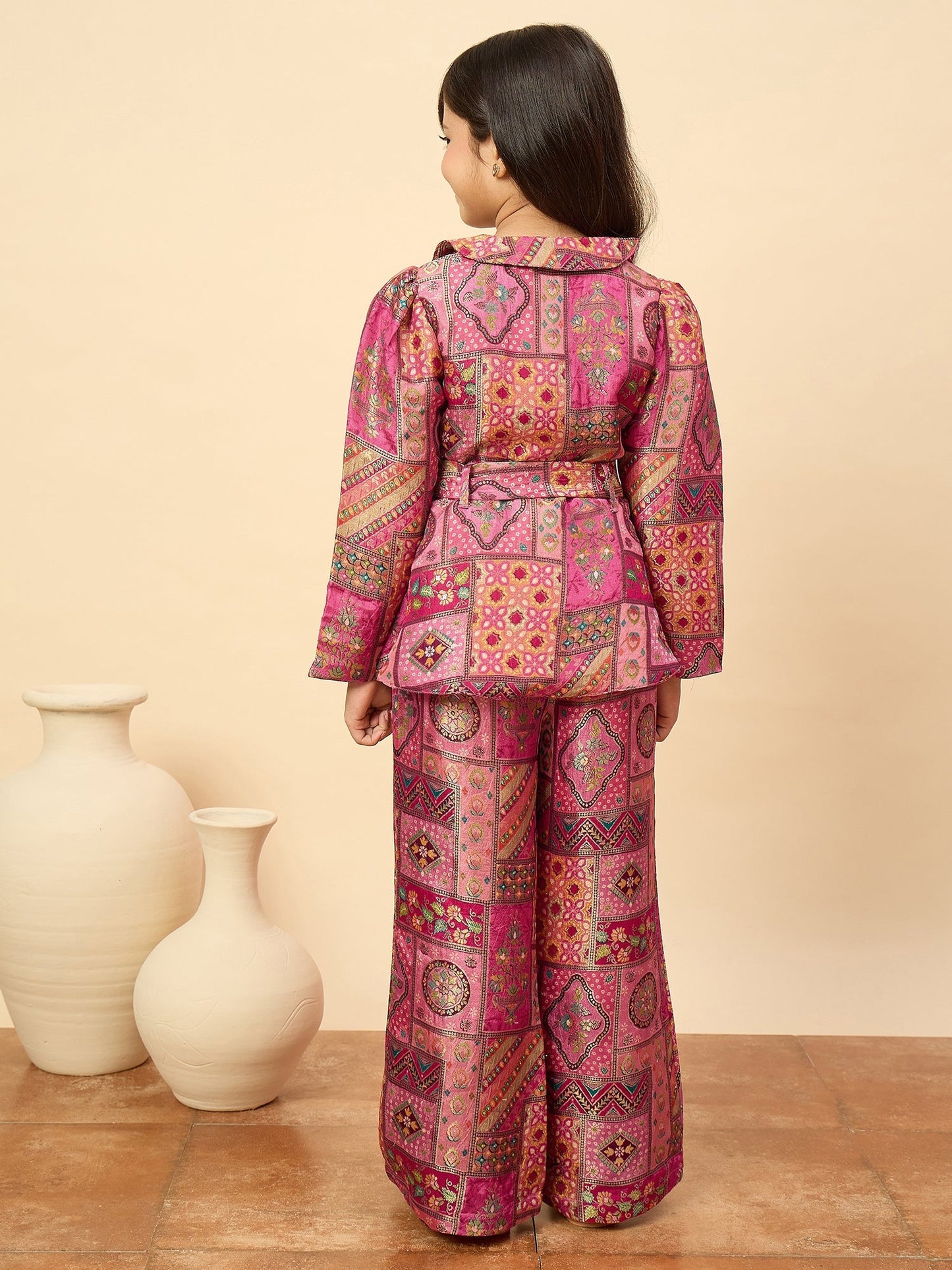 Girls Hip Length All over Print Kurti Set - Magenta