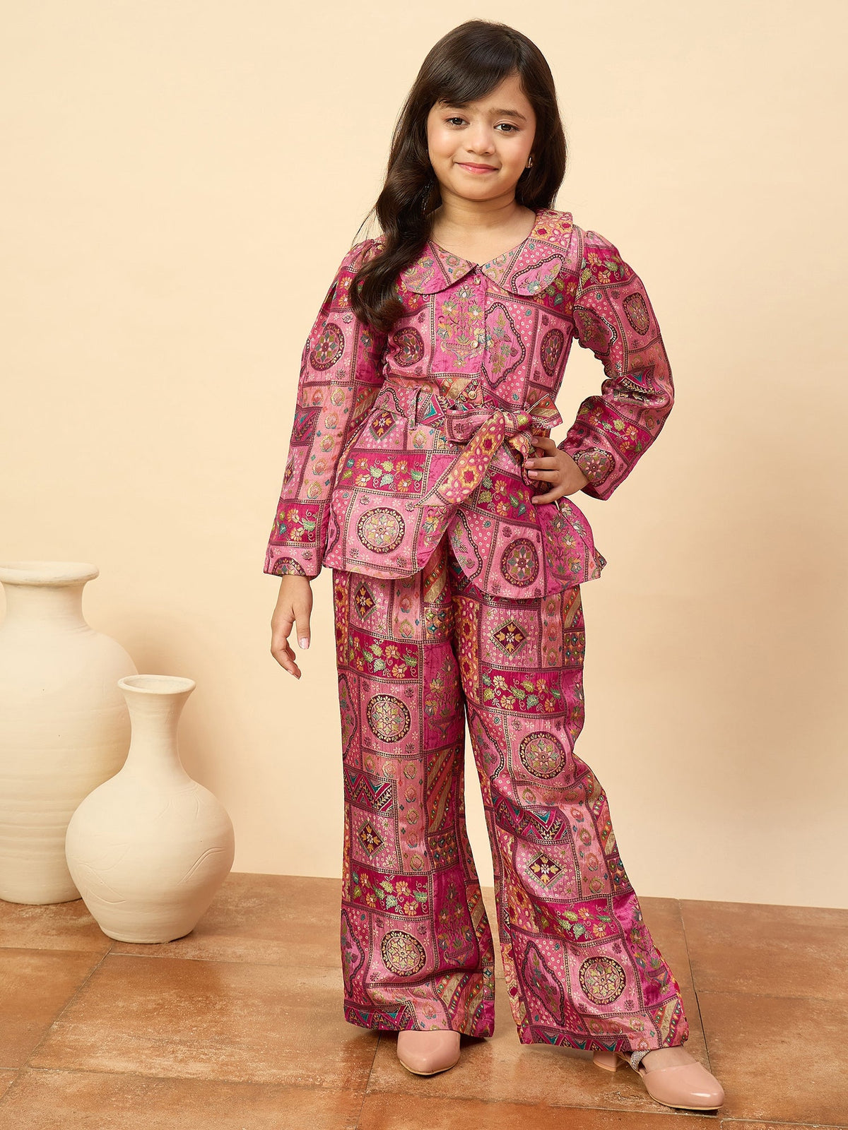 Girls Hip Length All over Print Kurti Set - Magenta