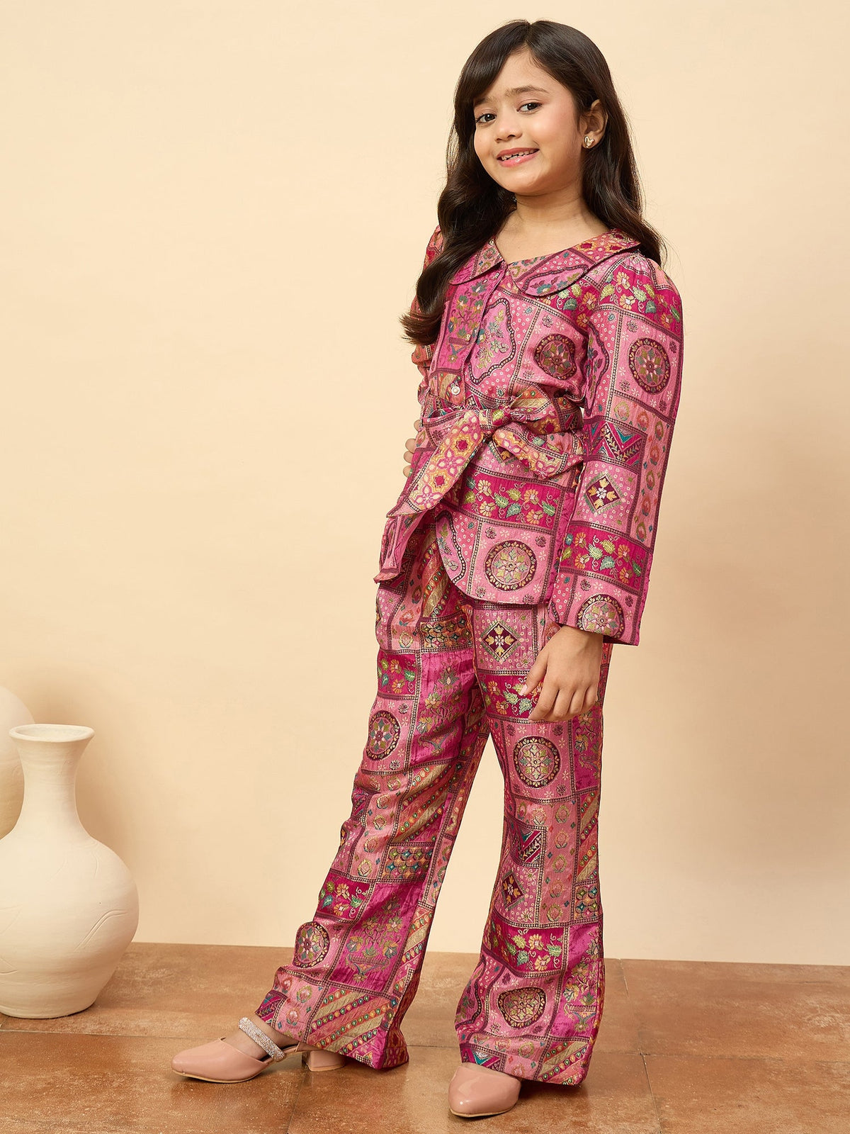 Girls Hip Length All over Print Kurti Set - Magenta