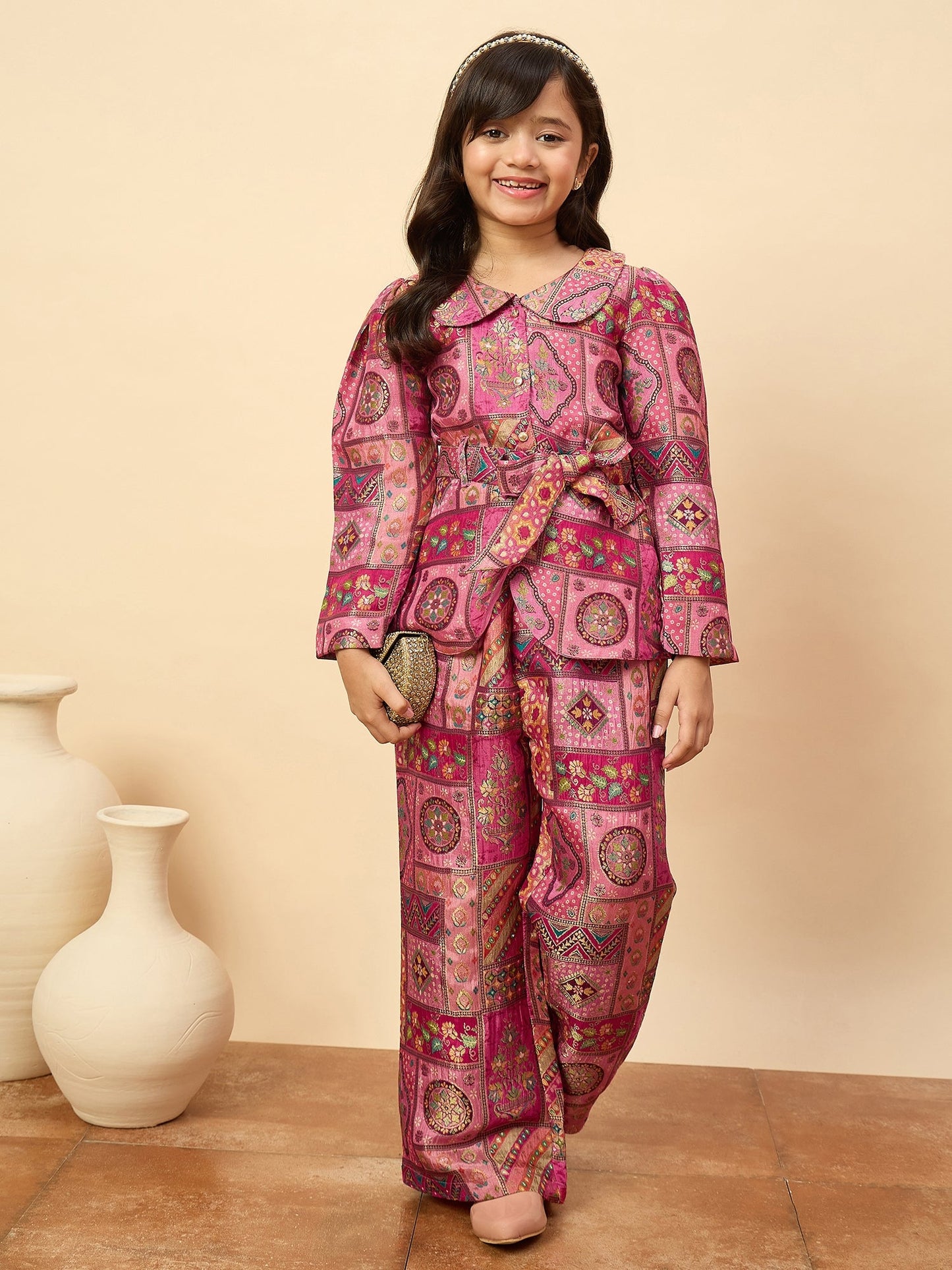 Girls Hip Length All over Print Kurti Set - Magenta