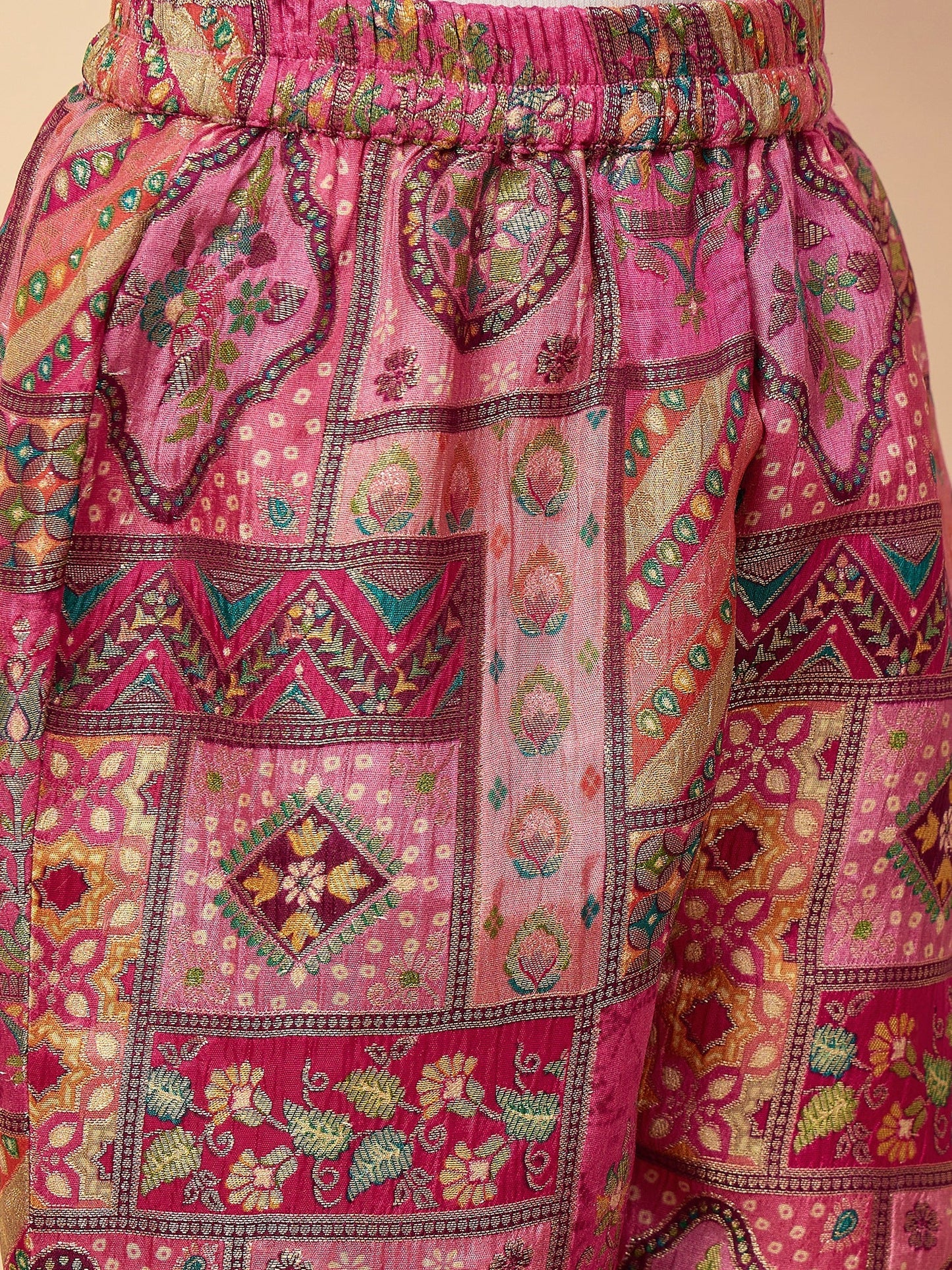 Girls Hip Length All over Print Kurti Set - Magenta