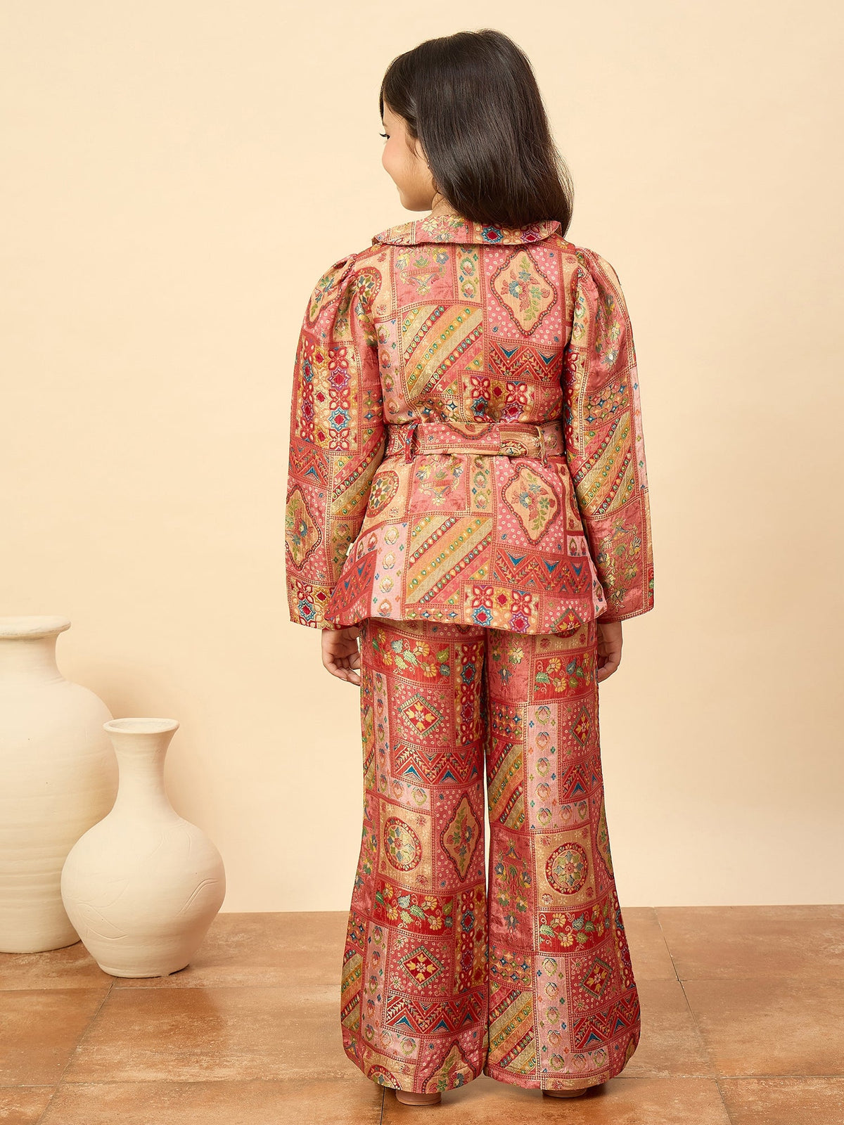 Girls Hip Length All over Print Kurti Set - Red