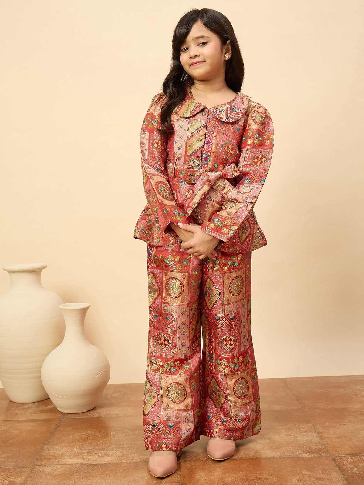 Girls Hip Length All over Print Kurti Set - Red