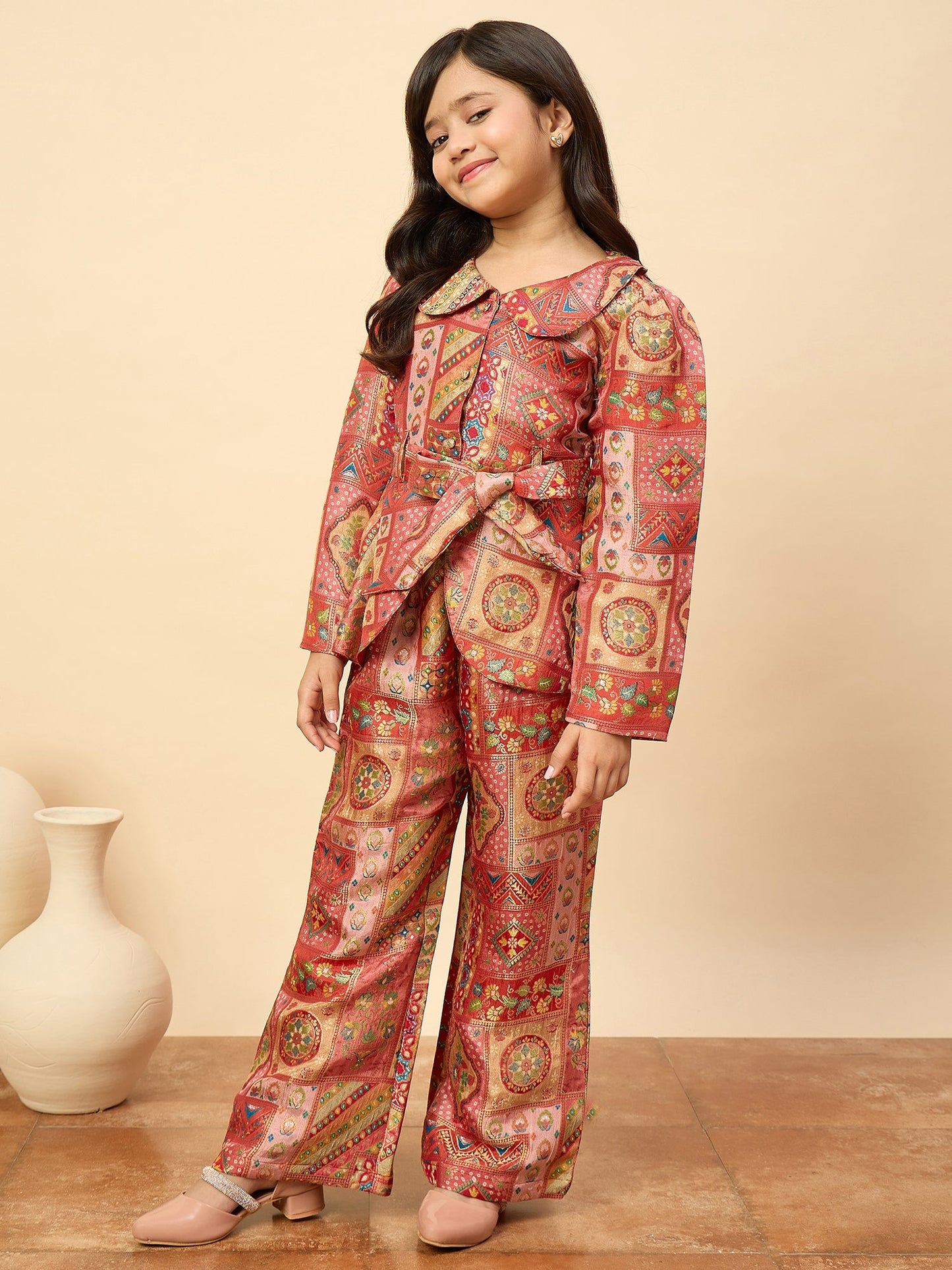 Girls Hip Length All over Print Kurti Set - Red
