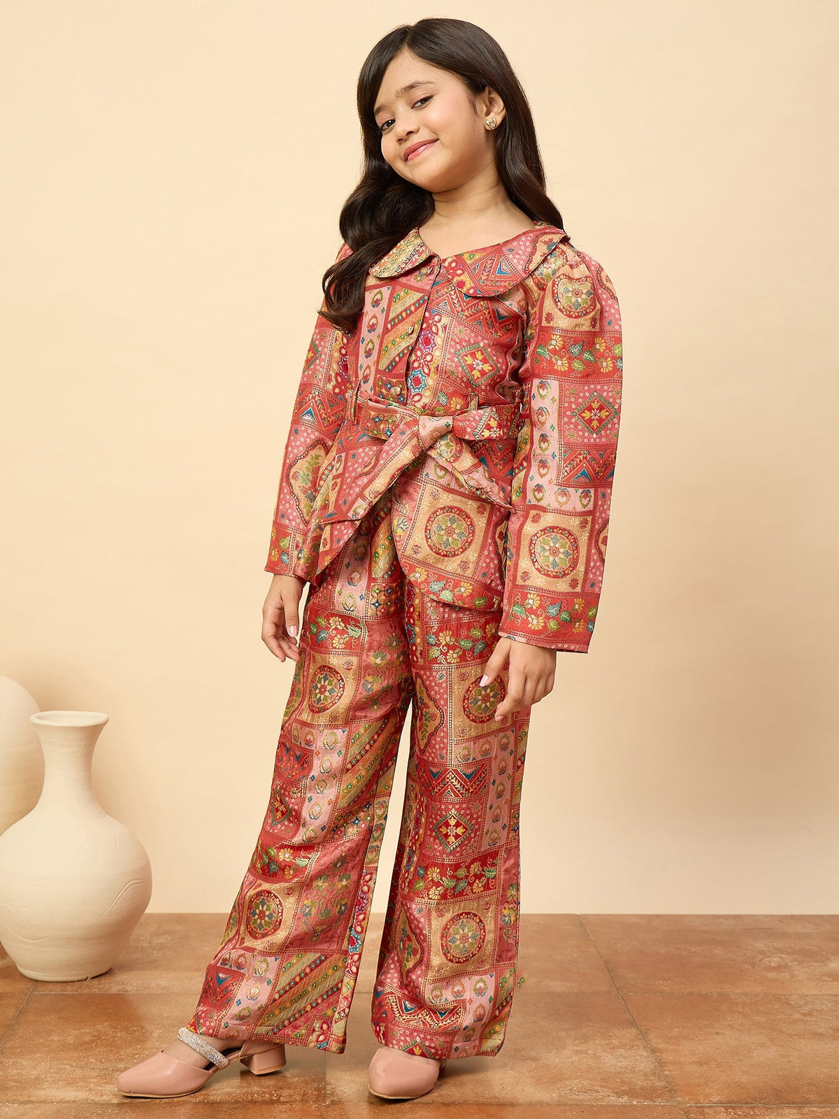 Girls Hip Length All over Print Kurti Set - Red