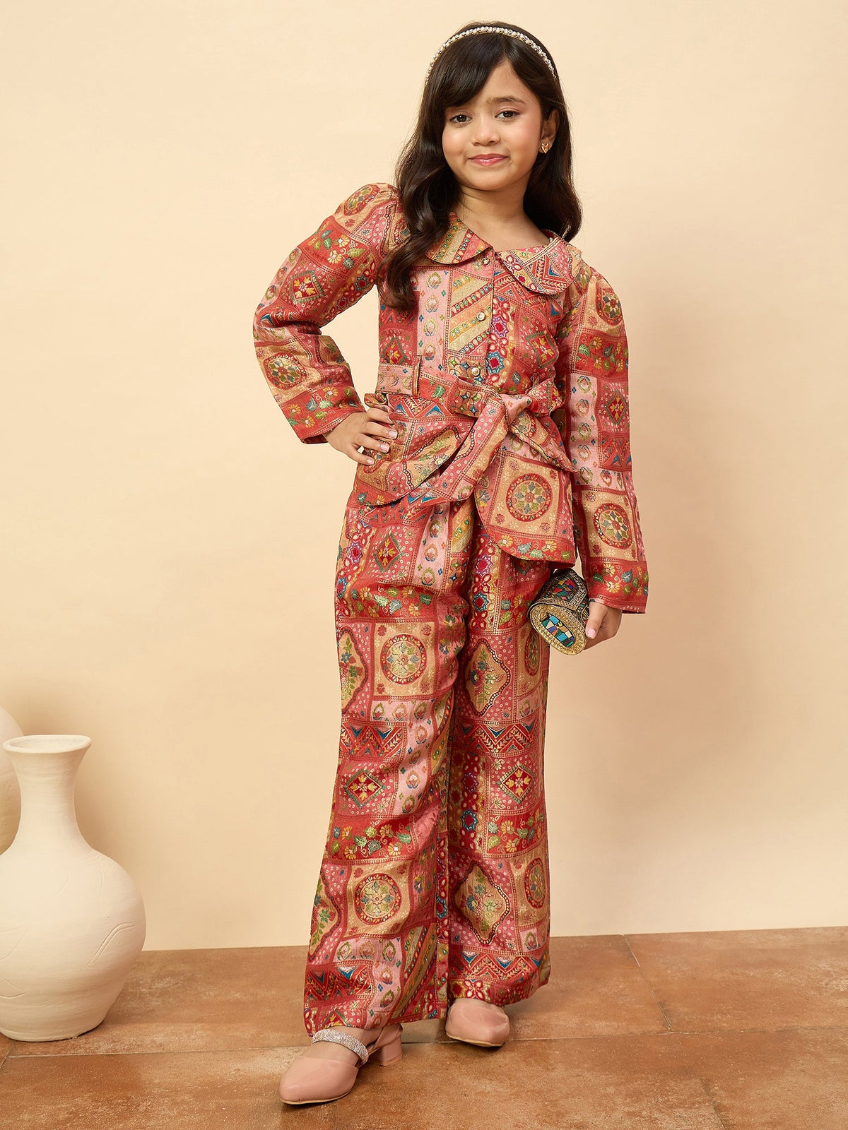 Girls Hip Length All over Print Kurti Set - Red