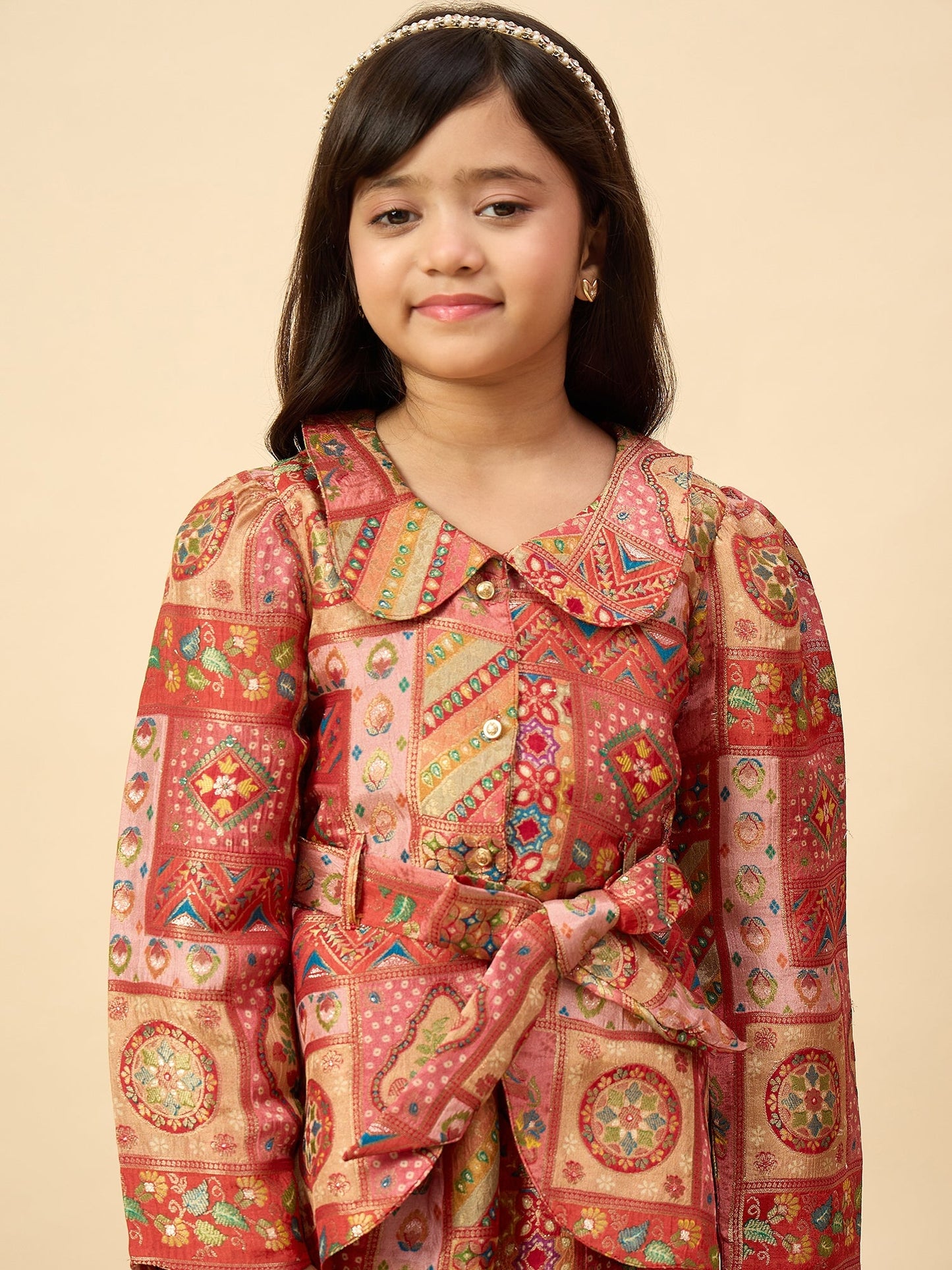 Girls Hip Length All over Print Kurti Set - Red