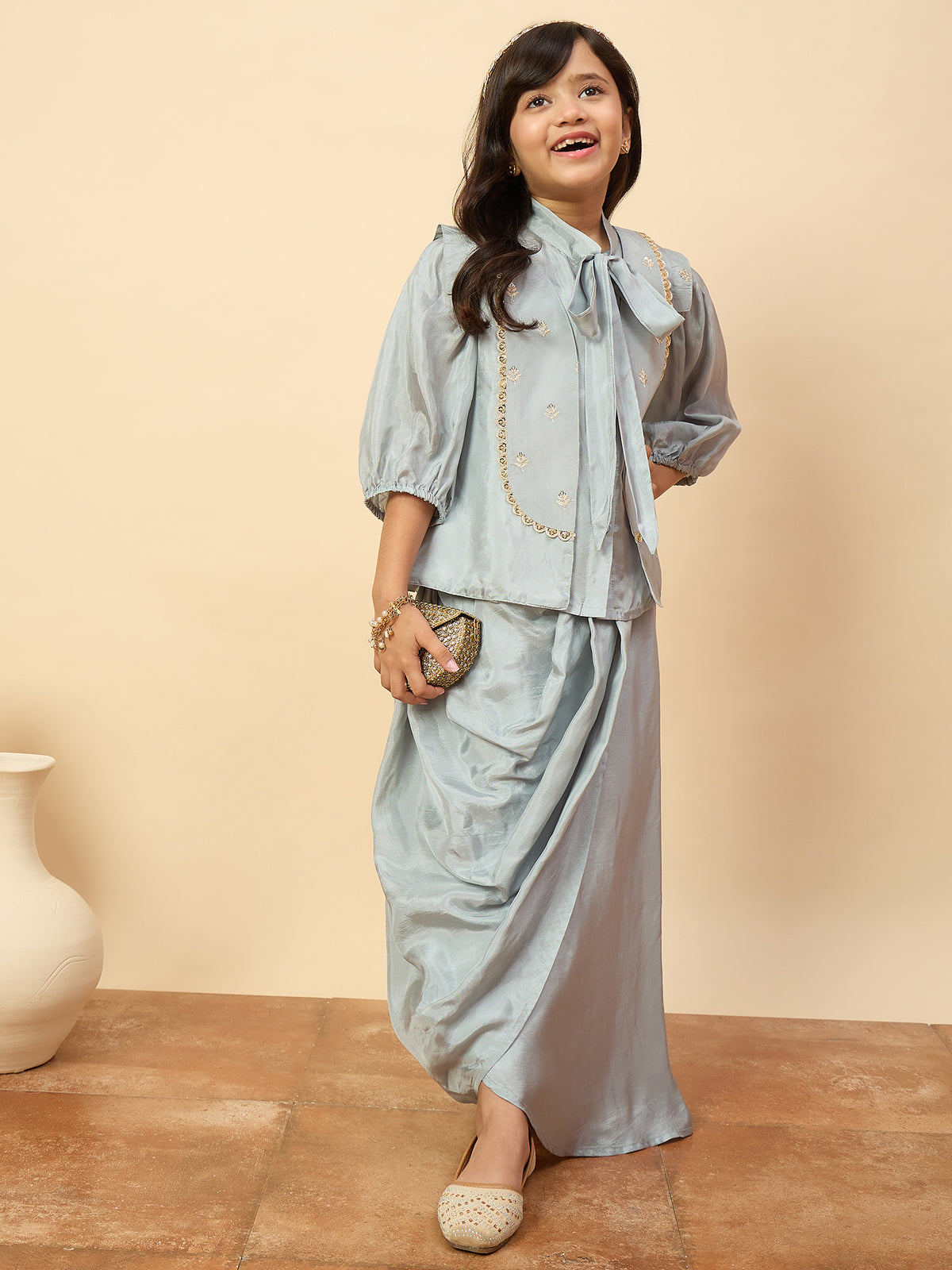 Girls Embroidery Top with Saree - Blue