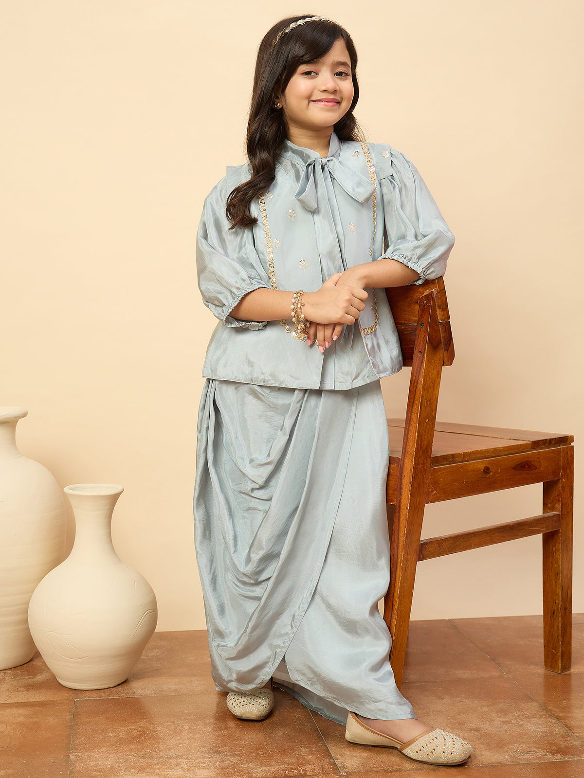 Girls Embroidery Top with Saree - Blue