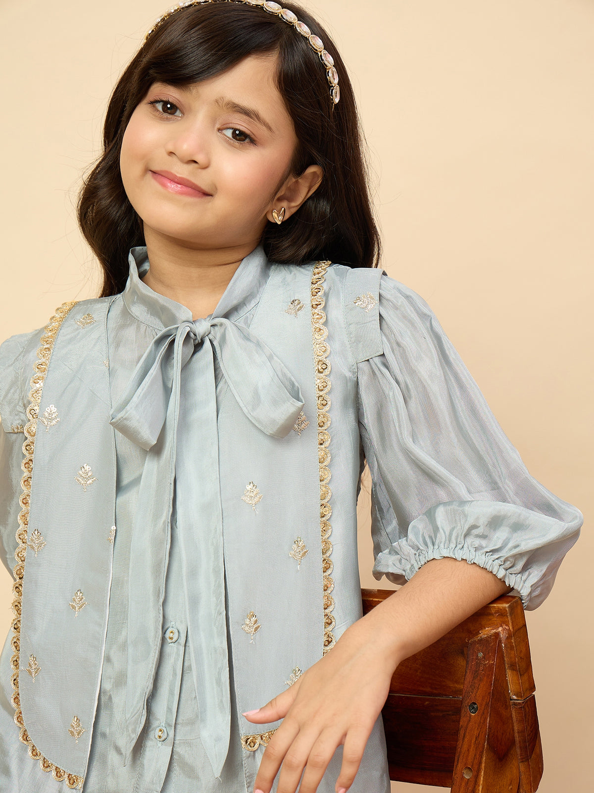 Girls Embroidery Top with Saree - Blue