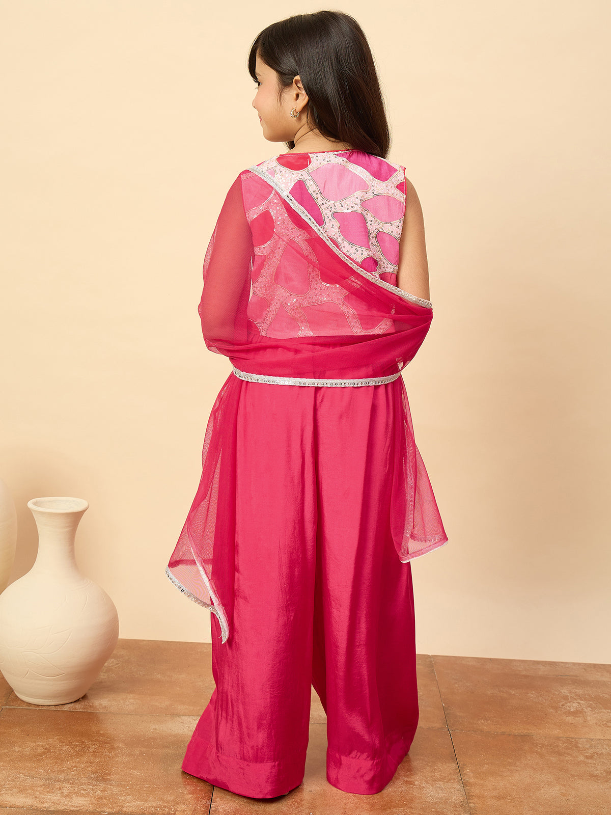 Girls Waist Length Embroidery Top With Pants - Magenta