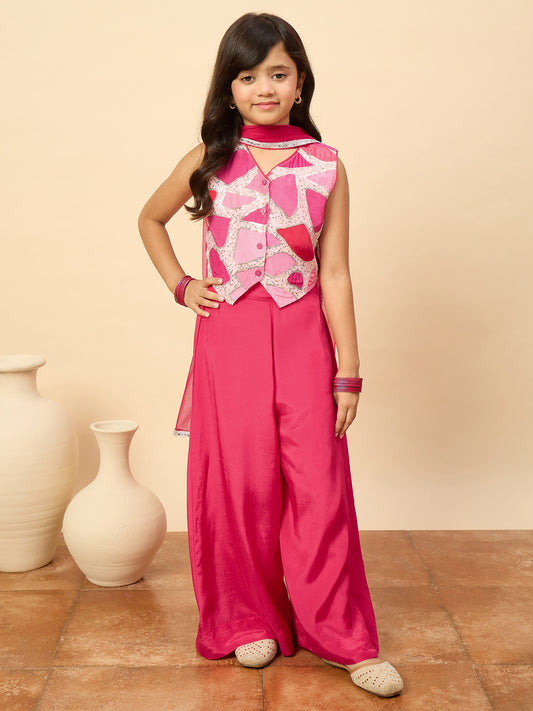 Girls Waist Length Embroidery Top With Pants - Magenta